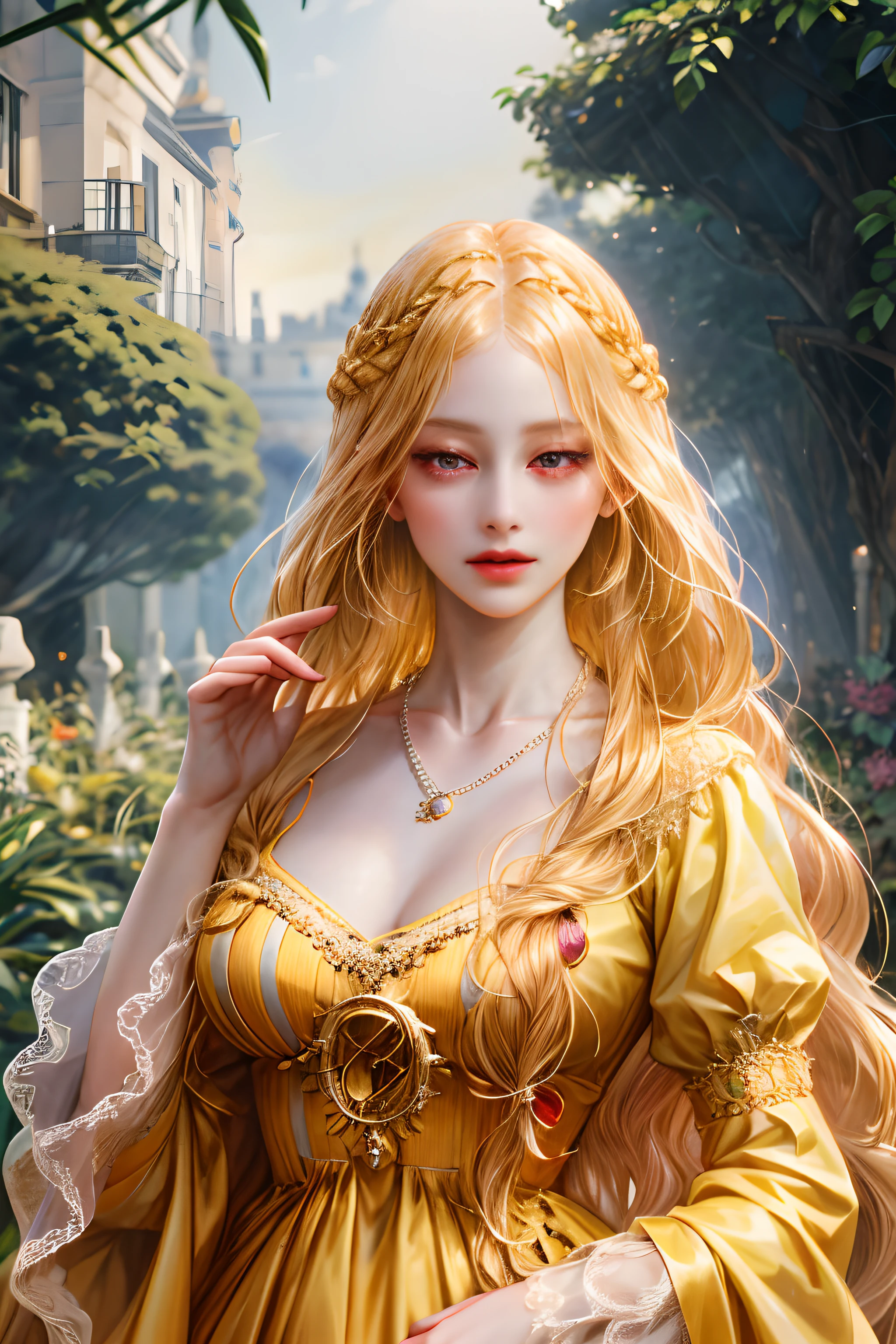 (absurdres, highres, ultra detailed), 1girl, solo, , (very long hair, yellow hair, purple eyes), Baroque, Necklace, long dress, long sleeve, elegant, colorful, highest detailed, upper body, outdoors, garden