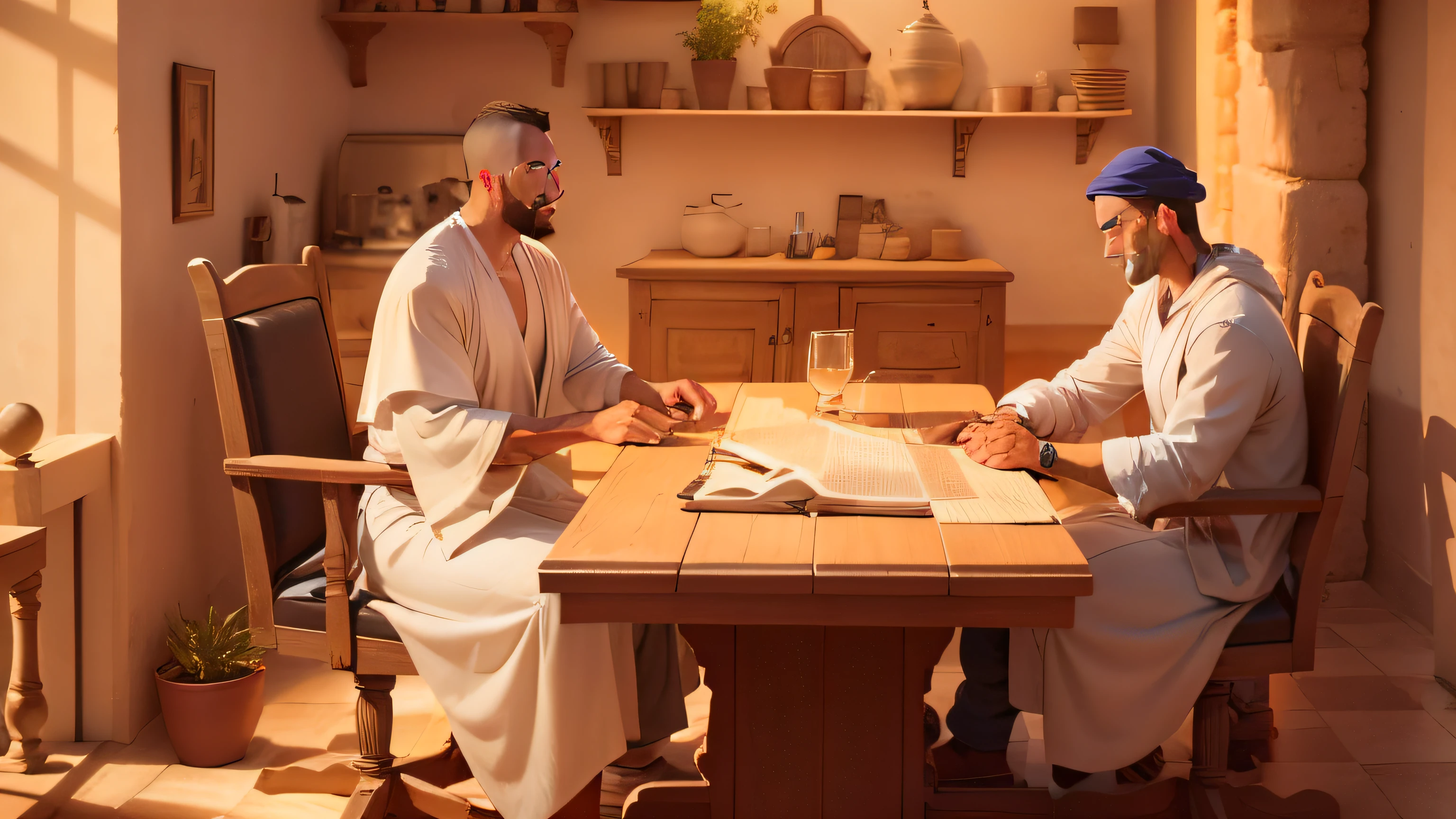 Visual rendering captures an evocative scene in ancient Israel, in the midst of Jesus' time. Two men immersed in a negotiation occupy a typical house of Israeli architecture. El ambiente es formal y solemne, reflecting a business meeting of the time. The internal room of the house is decorated simply but of high quality.Una mesa de trabajo robusta, hecha de madera envejecida y pulida, domina el centro del espacio. Natural scratches and wear reveal years of use. Sobre la mesa, meticulosamente dispuestos, yacen rollos de escritos y documentos, Show the importance of negotiation. The details on the rolls are vivid, con fibras de pergamino y trazos de tinta claramente visibles.Las sillas alrededor de la mesa, talladas en madera y tapizadas con tejidos ornamentados, sostienen a los hombres negociadores. Dressed in ancient robes and headscarves, are immersed in a concentrated conversation. Sus rostros reflejan seriedad, arrugas finas y expresiones que denotan la trascendencia del asunto.The room is illuminated with warm light filtered by arched windows, Typical of Israeli architecture. Architectural details stand out: paredes de piedra desgastada, Small shelves with ceramic vessels and an intricate mosaic floor that adds elegance.La imagen, With 8K resolution, exhibe hiperdetalles. Cada textura envejecida, Wrinkles on robes and meticulous document contribute to realism. Los trazos minuciosos son visibles, From parchment fibers to microscopic details, transportando al tiempo y al lugar con una profundidad sorprendente.