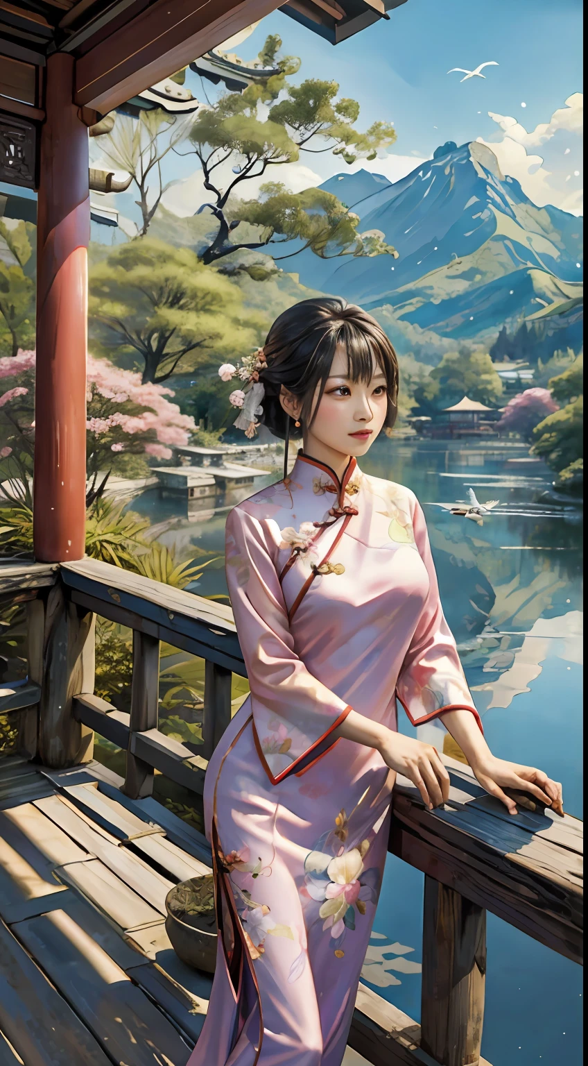 Chinese beauty standing by the river，中景 the scene is，（Wearing a gorgeous pink cheongsam:1.2)，Lightweight and silky fabric((on cheongsam))，Flowing silk，（Detailed and perfect facial details），（Beautiful and affectionate eyes），Flowing silky hair，Pavilion，the trees，Flying birds，The vista is mountains，(Ink painting style)，Clean colors，Decisive cut，Leave white space，impressionistic，tmasterpiece，（8k wallpaper），（Extremely meticulous and perfectly detailed painting），Epic composition，high high quality，HighestQuali，Master works of painting，realisticlying，Inspired by：《Suzhou Garden》，Ray