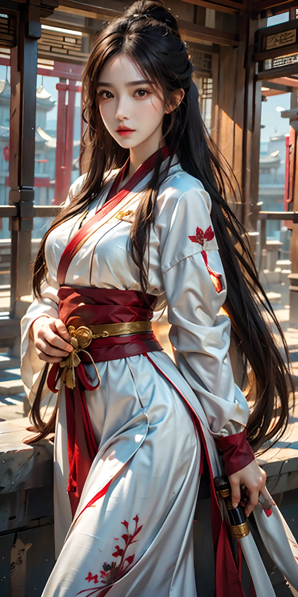 photorealistic, high resolution, soft light,1women, solo, hips up, look at viewer, (detailed face), long hair, Beautiful girl, hanfu, east asian architecture,sheath,architecture, tattoo, jewelry