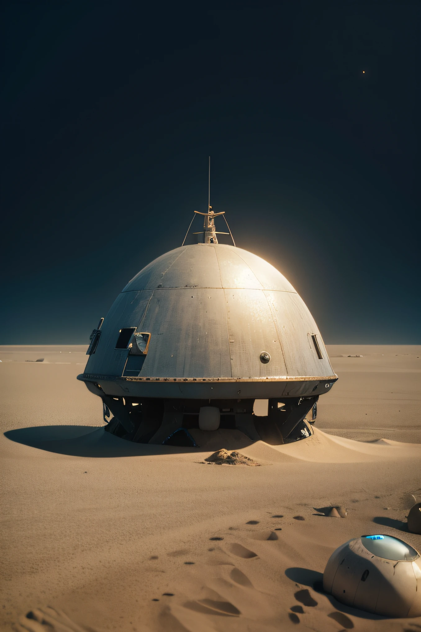 old color photo, sad alien sitting close up, UFO crash site, isolated desert island in the ocean background, UFO saucer spaceship half buried in sand, 8k