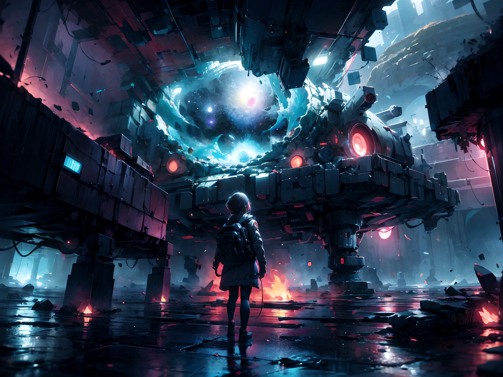 Draw a young female programmer, standing on a research platform floating in the middle of an asteroid belt, turn her back on viewers , from behind,surrounded by several asteroids glowing with fiery auras BREAK Dramatic lighting from distant stars and planets illuminates the scene, casting deep shadows on the suit, looking at the vast and mysterious universe with wonder and respect,BREAK,Detailed,Realistic,4k highly detailed digital art,octane render, bioluminescent, BREAK 8K resolution concept art, realism,by Mappa studios,masterpiece,best quality,official art,illustration,ligne claire,(cool_color),perfect composition,absurdres, fantasy,focused,rule of thirds