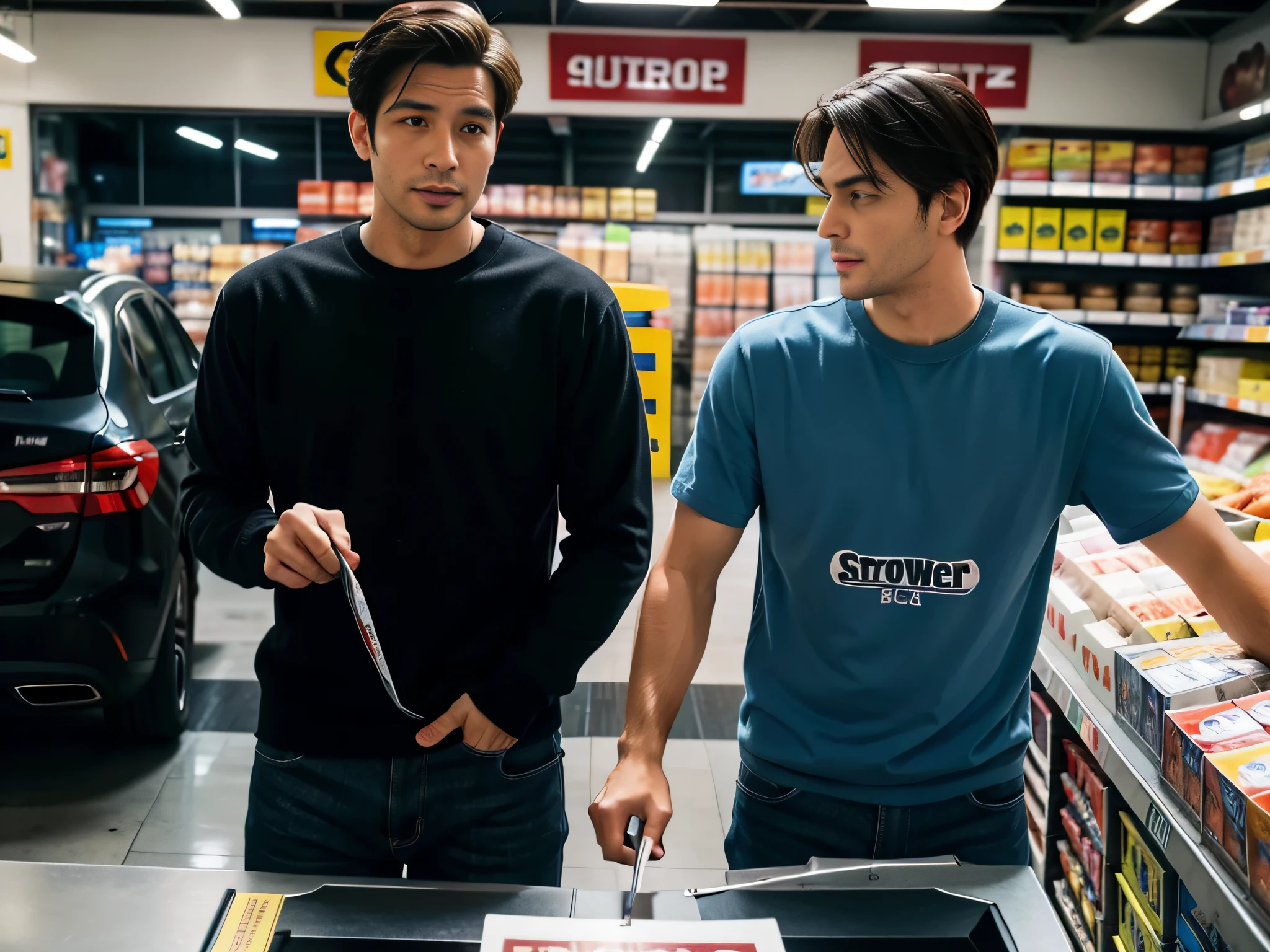 2 men，Shop for car supplies in casual wear at the auto supply supermarket，sface focus，Extreme depiction of facial detail