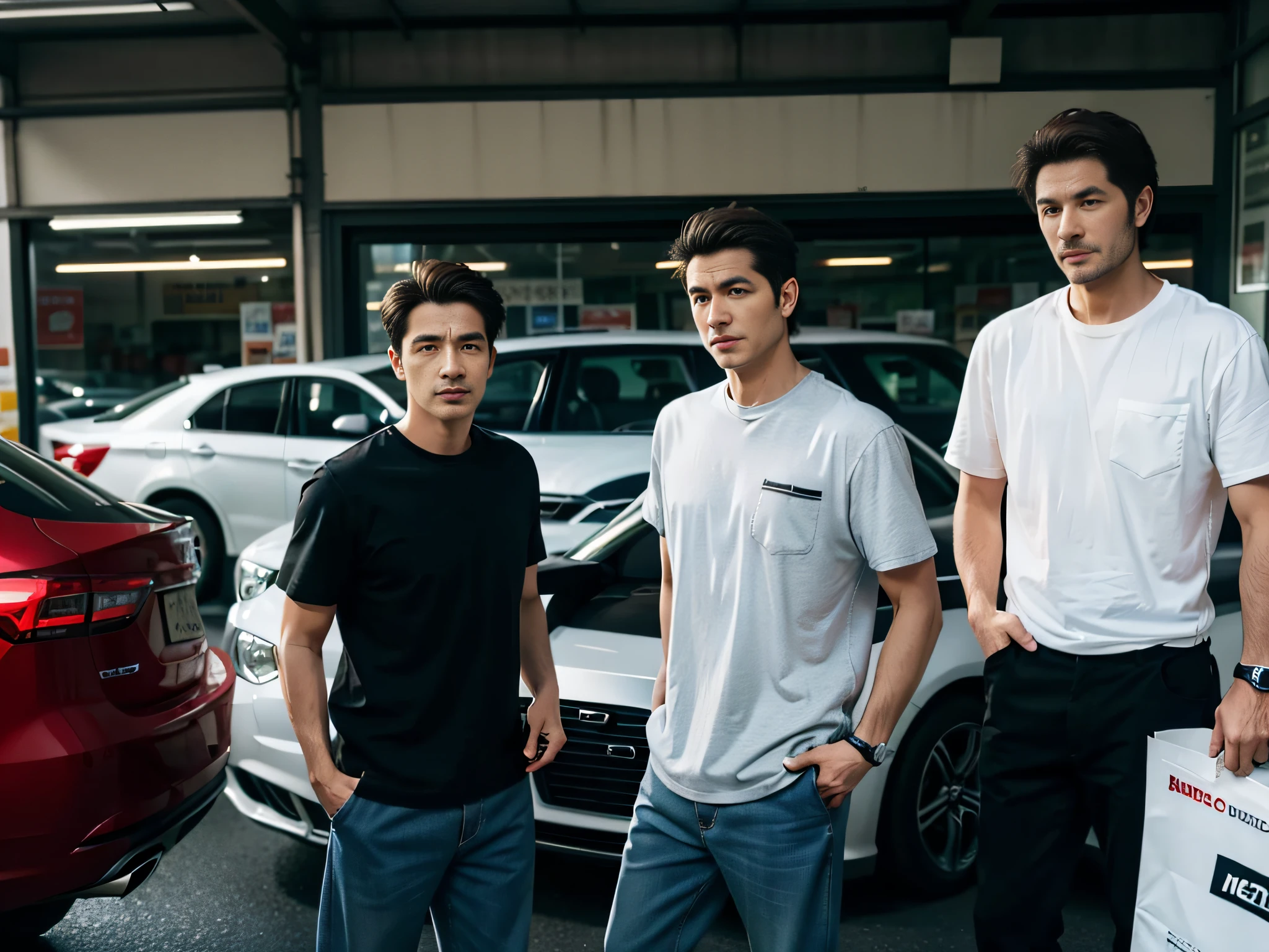 2 men，Shop for car supplies in casual wear at the auto supply supermarket，sface focus，Extreme depiction of facial detail
