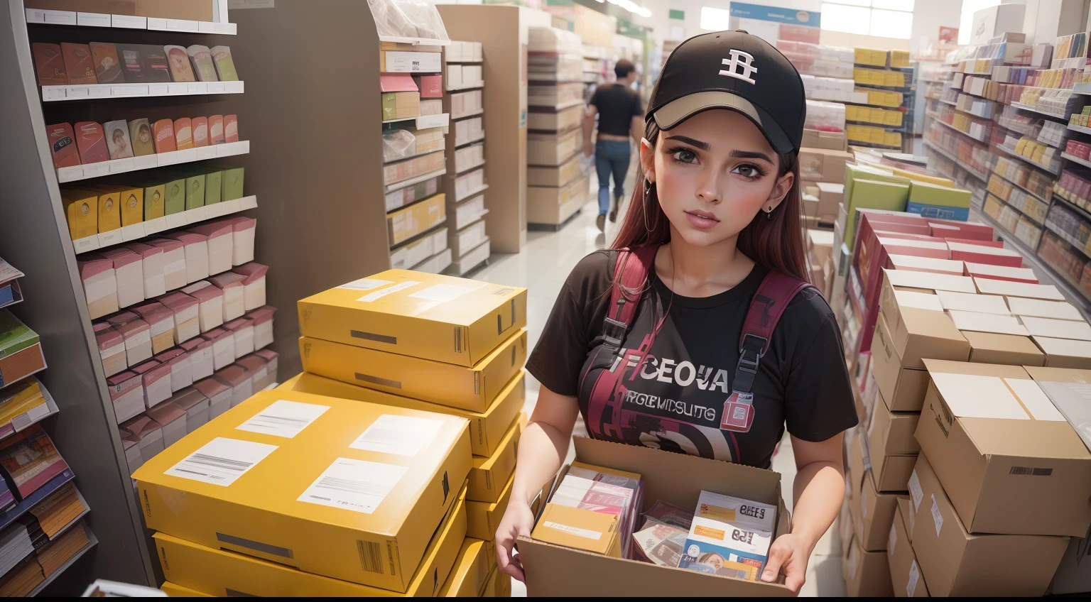 garota atendente da loja de cds e discos entregando um pequeno pacote para o garoto cliente.