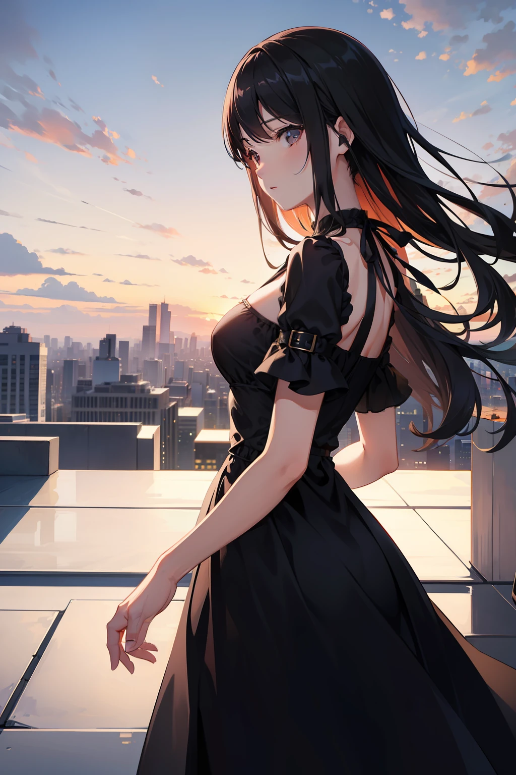 rooftop, sunset, 1 girl, elegant, beautiful, clouds, masterpiece, horizon, black dress, close ups