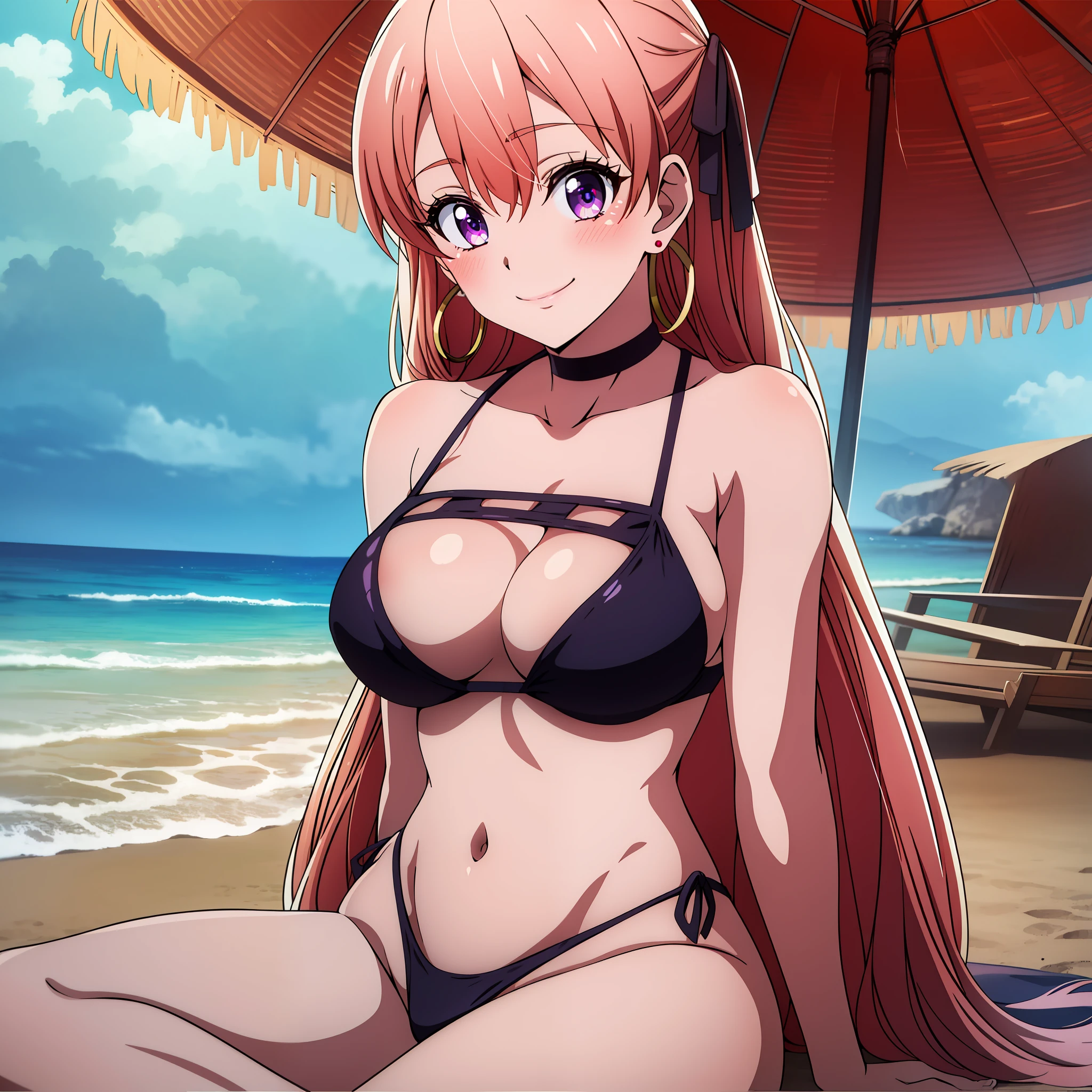 masterpiece, (best quality), 1girl ,erika amano, erika, blond hair, (purple eyes), black bikini, long hair, earrings, jewelry, smile, hair between eyes, embarrassed, blush, beautiful, (perfect eyes:1.1), looking at viewer, outdoors, beach, full body