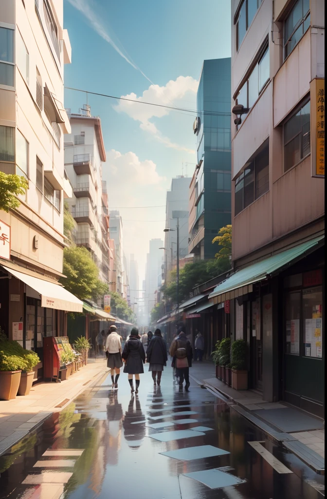 the street，城市，after rainny，bustling，Buildings ，Near big far small