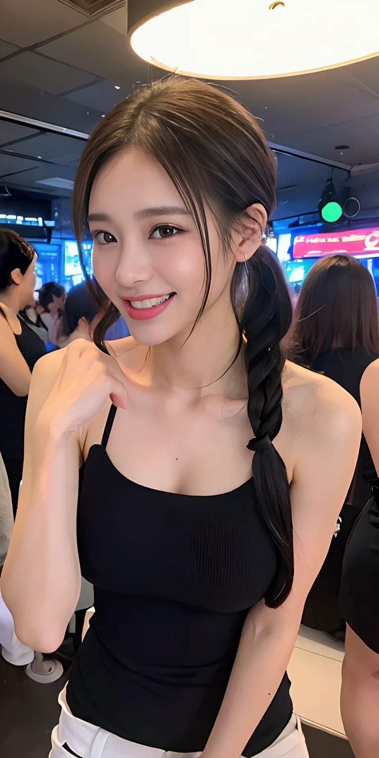 ((Best picture quality, 8K, tmasterpiece:1.3)), 1girll, long black hair in a ponytail，The clothes are sexy to wear，Long legs，Meticulous faceting，Beautiful woman with slender abs:1.3, (Casual hairstyle, No leakage of big breasts:1.2), shift dresses:1.1, Ultra-fine face, A detailed eye, 二重まぶた，ssmile，In nightclubs，