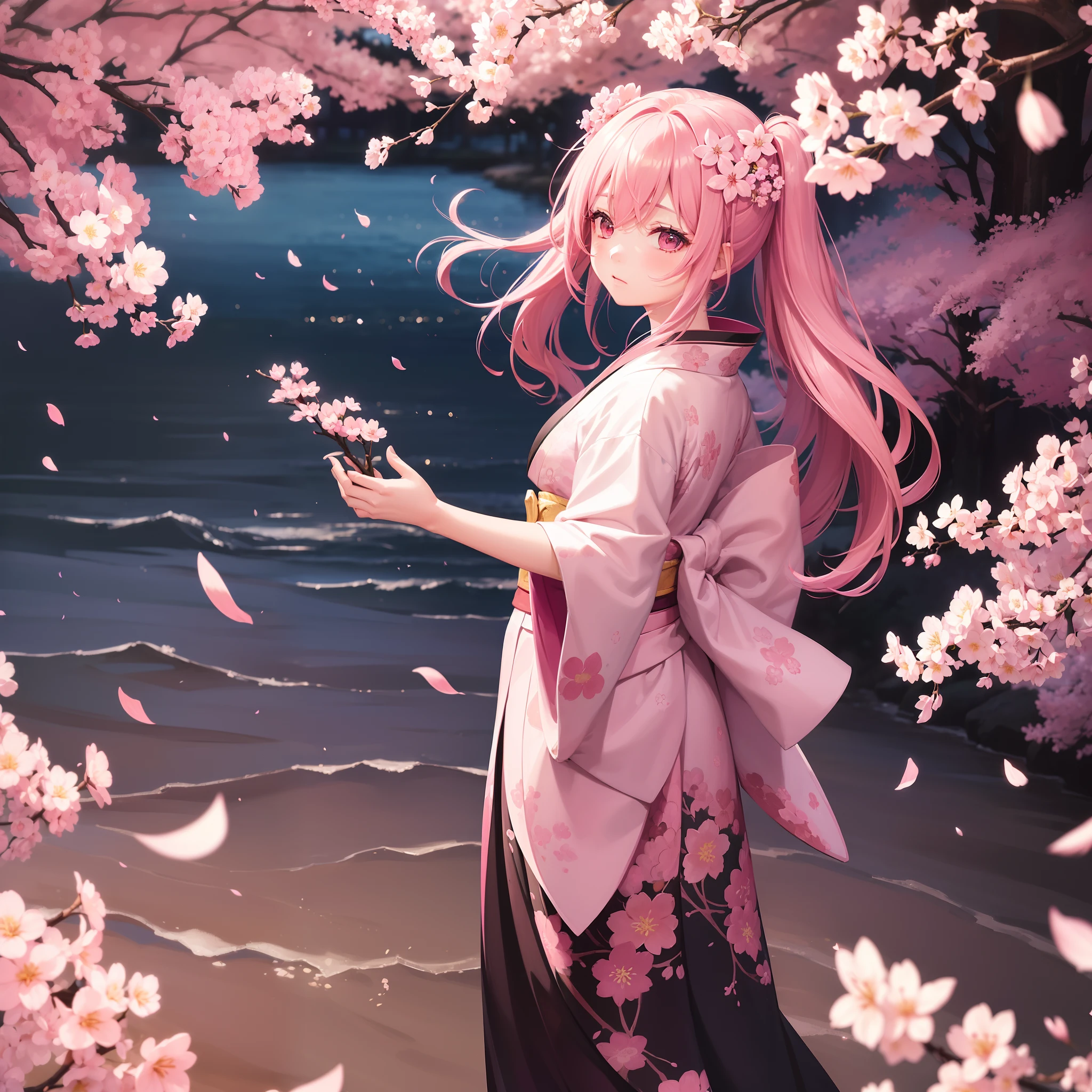 (Beautifully Aesthetic:1.2)、(1girl in:1.3)、(Pink and black colorful hair:1.2)、natta、colourfull、cherryblossom、Fantastical、Cherry blossom kimono、Cherry blossoms flutter、Beautie、flower language（Don't forget me）、Sad face、Ephemerality、Dreamy、