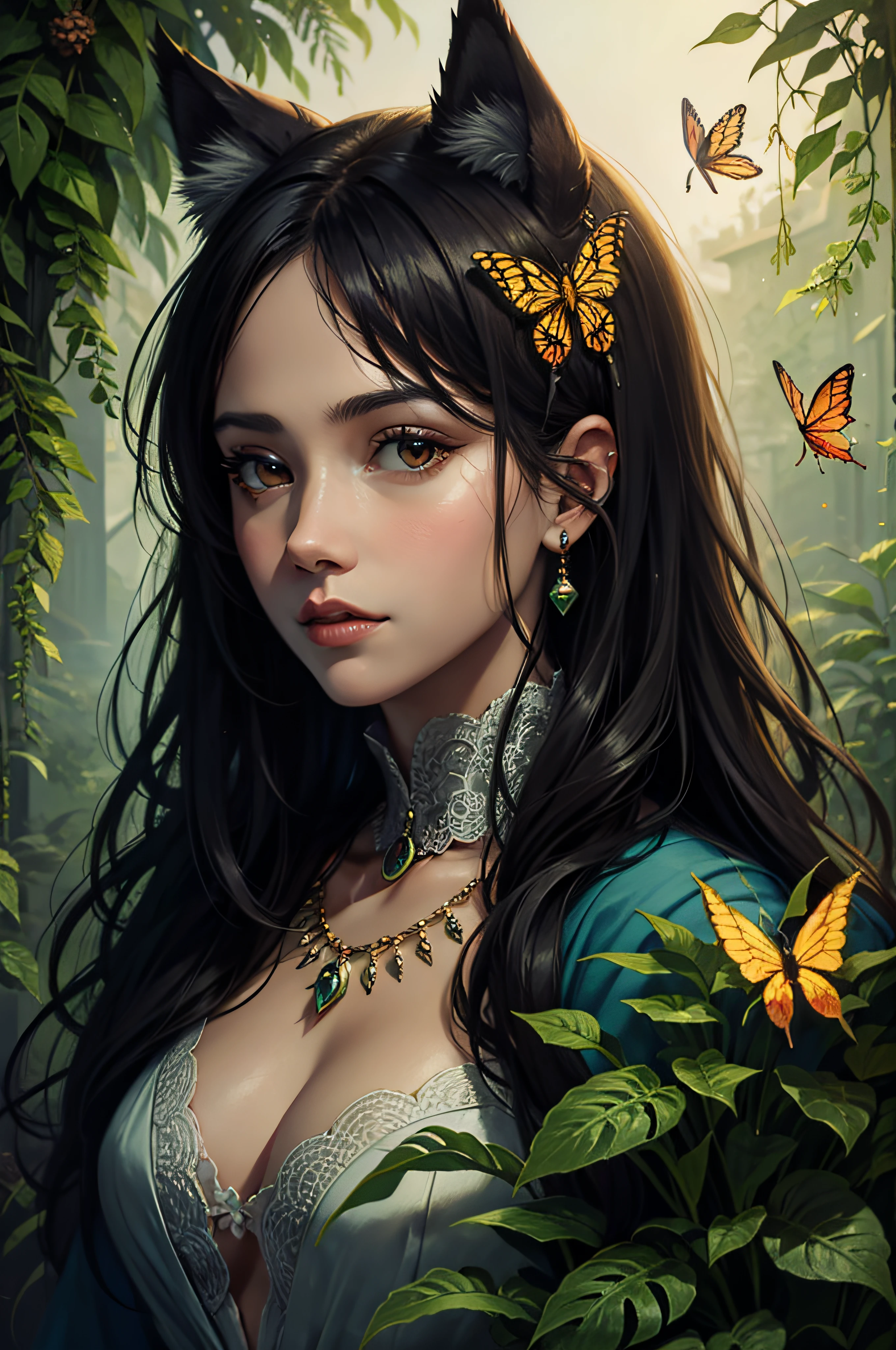 wolf portrait, ferns, butterflies, oilpainting, cinematic lighting