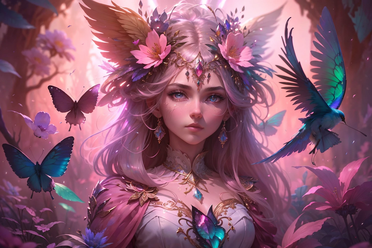 (((masterpiece))), (((best quality))), ((ultra-detailed)),(highly detailed CG illustration), ((an extremely delicate and beautiful)),cinematic light, Create a stunning fantasy artwork that mimics the style of currently trending masters of the genre. The art piece should contain elements of both mythic fantasy and fairytale fantasy with colorful accents. ((Utilize various shades of pink and watercolor pastels as the main color scheme.)) The character in the artwork is a delicate but strong petite figure with an aura of mystery and magic. Pay close attention to intricate facial features, such as mesmerizing eyes with vibrant colors and bold shading. The character's clothing should be designed with gossamer feathers, silk, stunning embroidery, and subtle iridescent details. Incorporate dreamy colors, dynamic lighting, and detailed background elements to create a sense of awe and immersion. Include colorful flying magical birds and jewel-toned butterflies radiating a magical aura. Consider the latest trends in fantasy art, such as incorporating unique lighting effects, exploring dynamic and compelling composition techniques, and experimenting with unique color palettes. Take inspiration from the top artists on ArtStation and Midjourney. Camera: Choose an angle that highlights the character's beauty and enhances the magical majesty of the artwork. Lighting: Utilize atmospheric lighting techniques to create depth and mood. Resolution: Aim for a high-resolution artwork to showcase intricate details and clarity. Art Inspirations: Seek inspiration from the trending artists on ArtStation, exploring different styles, genres, and themes.