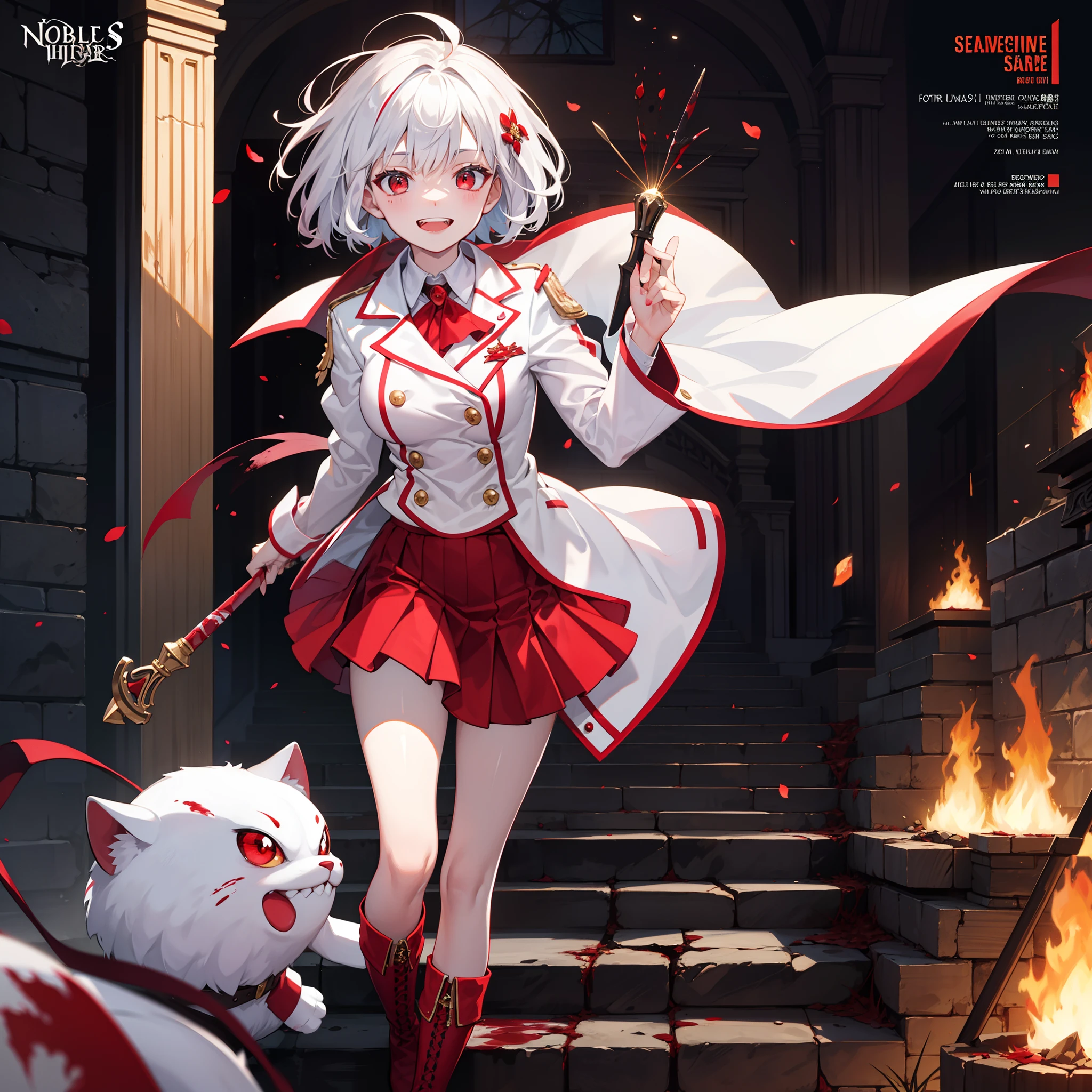 Movie posters are full of design fonts, In the luxurious courtyard sat a noble woman, Wears a high-end white coat and red skirt, White hair and red eyes, Slightly bloodstained boots, your legs, With a whip in his hand, Her cheerful expression revealed confidence, clenched teeth, fingersmile, motion lines, 8k, UHD, highres, masterpiece, textured skin