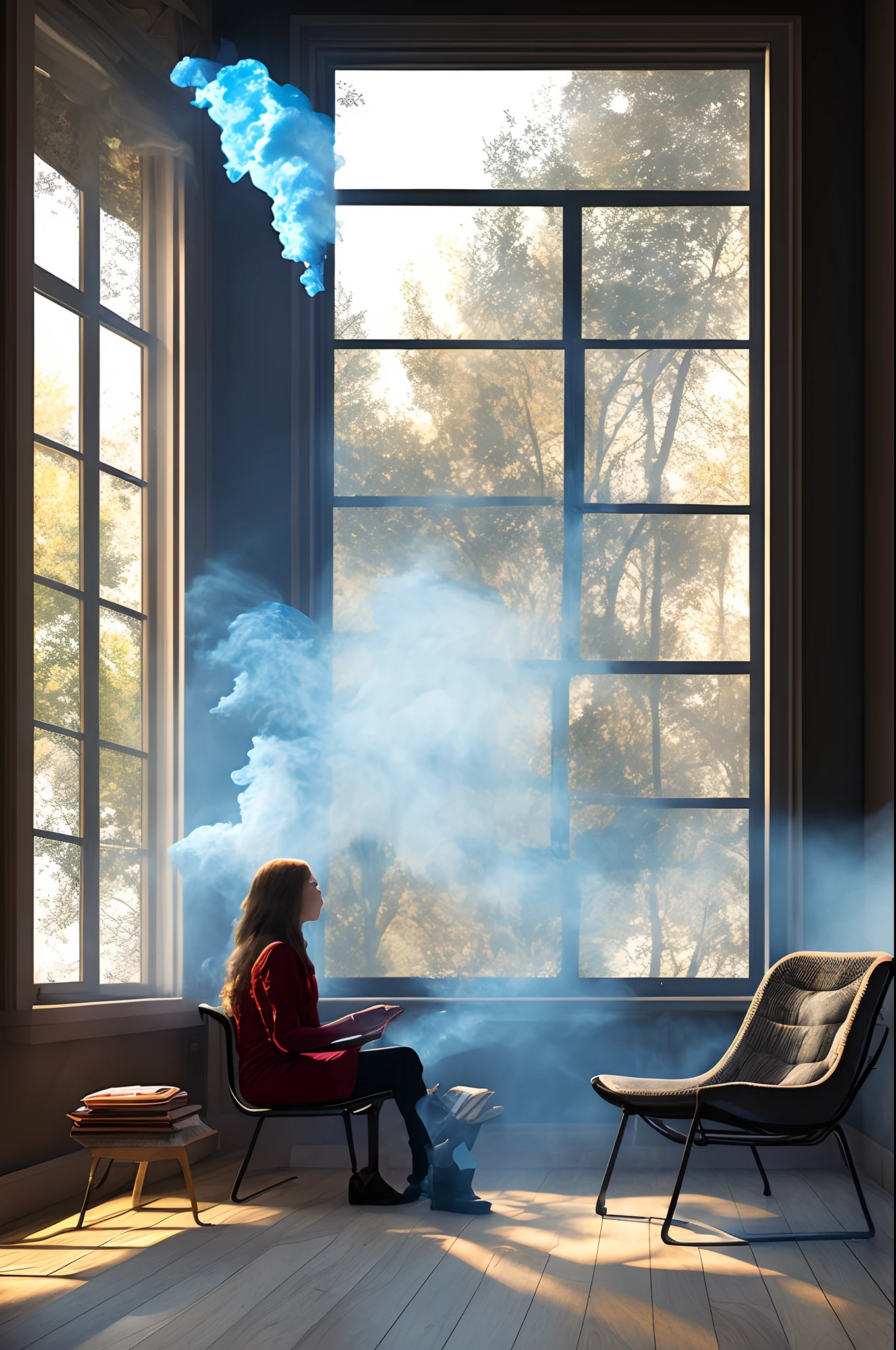（best qualtiy：1.23），（tmasterpiece：1.12），（realisticlying：1.24），（Witch in a red dress：1.5）A sad face，sitting beside the window，Look out the window，cabelos preto e longos，The right hand covers a ray of sunlight coming out the window，Half-body diagram，Particle，Volumetric lighting，The floor and chairs are on fire，puffing smoke，（flames around：1.2），