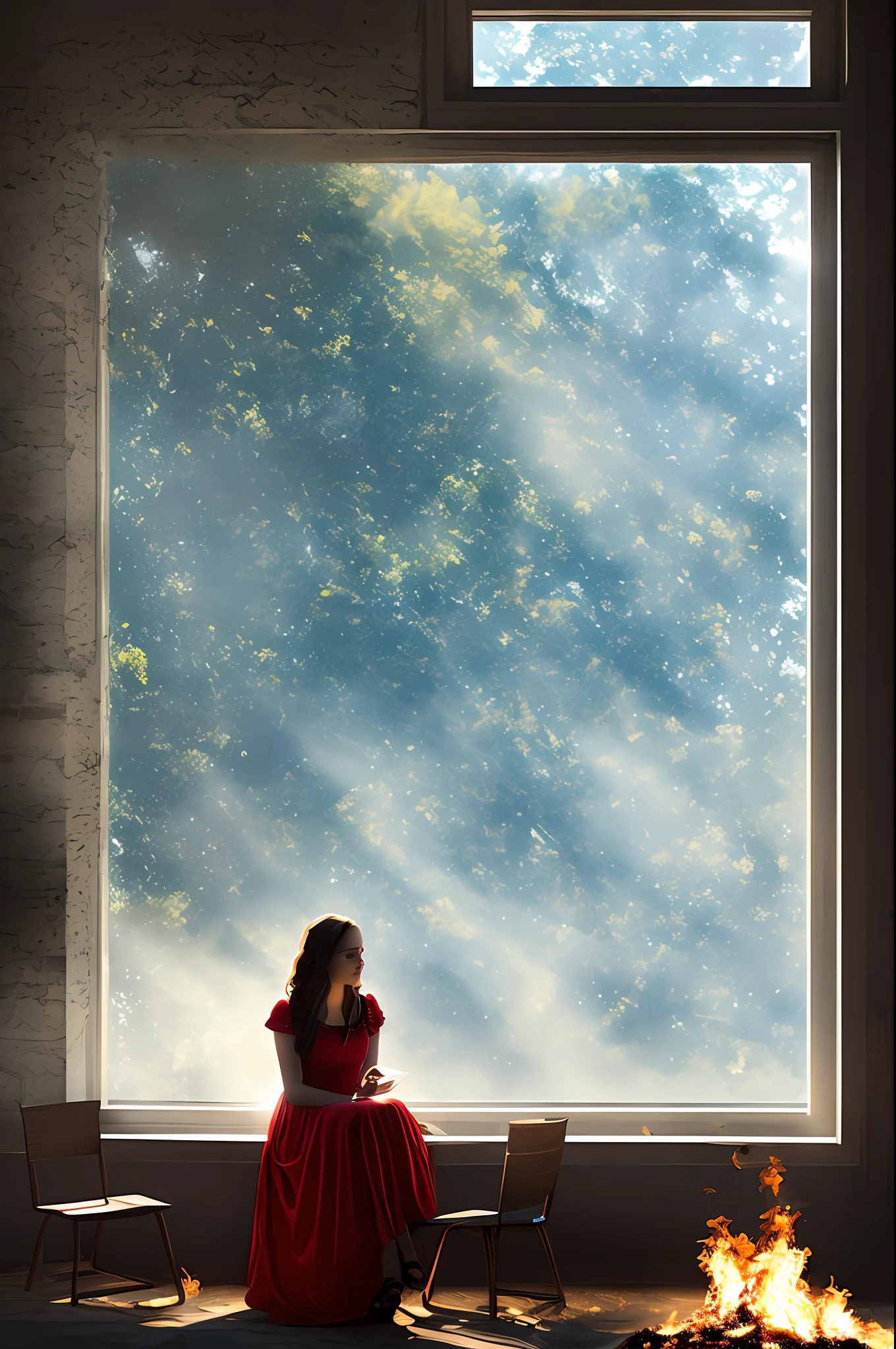 （best qualtiy：1.23），（tmasterpiece：1.12），（realisticlying：1.24），（Witch in a red dress：1.5）A sad face，sitting beside the window，Look out the window，cabelos preto e longos，The right hand covers a ray of sunlight coming out the window，Half-body diagram，Particle，Volumetric lighting，The floor and chairs are on fire，puffing smoke，（flames around：1.2），