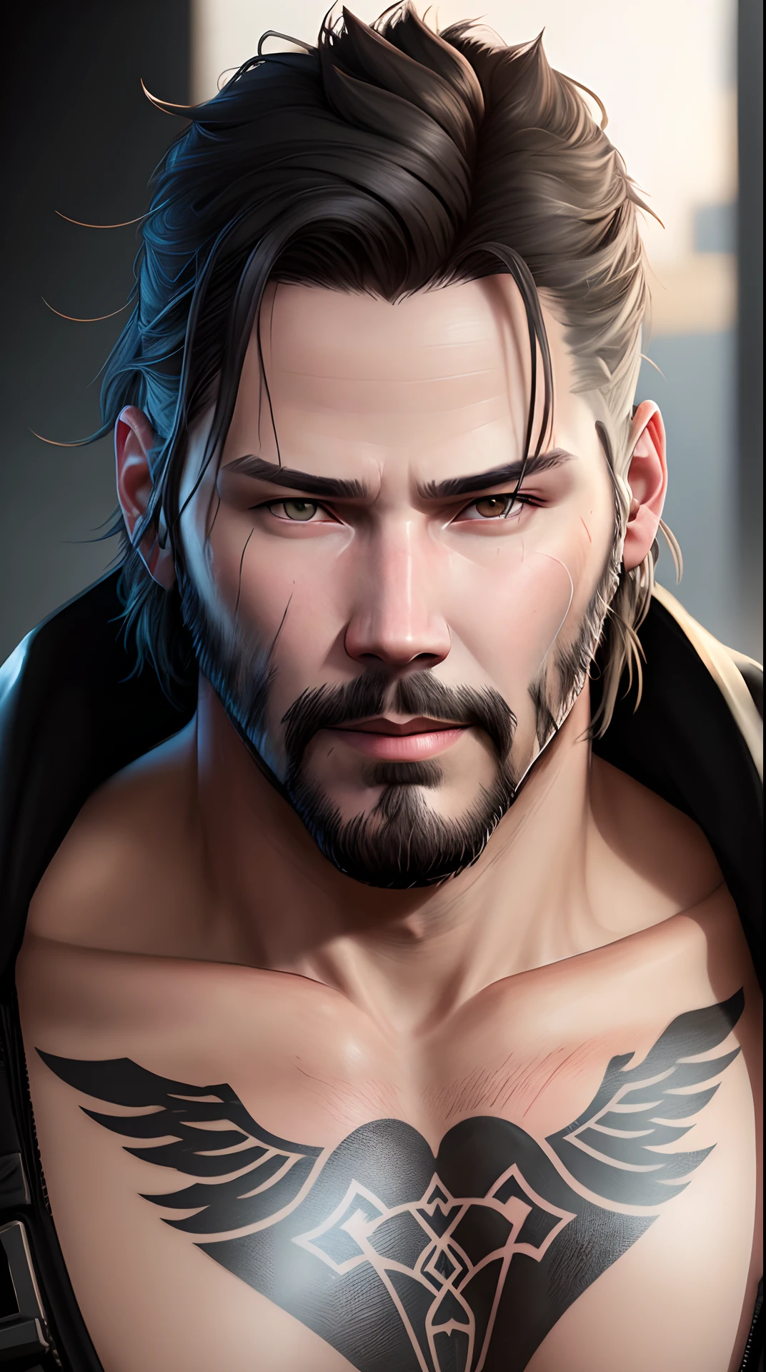 there is a man with a beard and a tattoo on his chest, portrait of adam jensen, closeup character portrait, photorealistic artstyle, character portrait closeup, realistic artstyle, hanzo from overwatch, keanu reeves as geralt of rivia, cinematic realistic portrait, character art portrait, close up character, character art closeup, unreal 5. rpg portrait