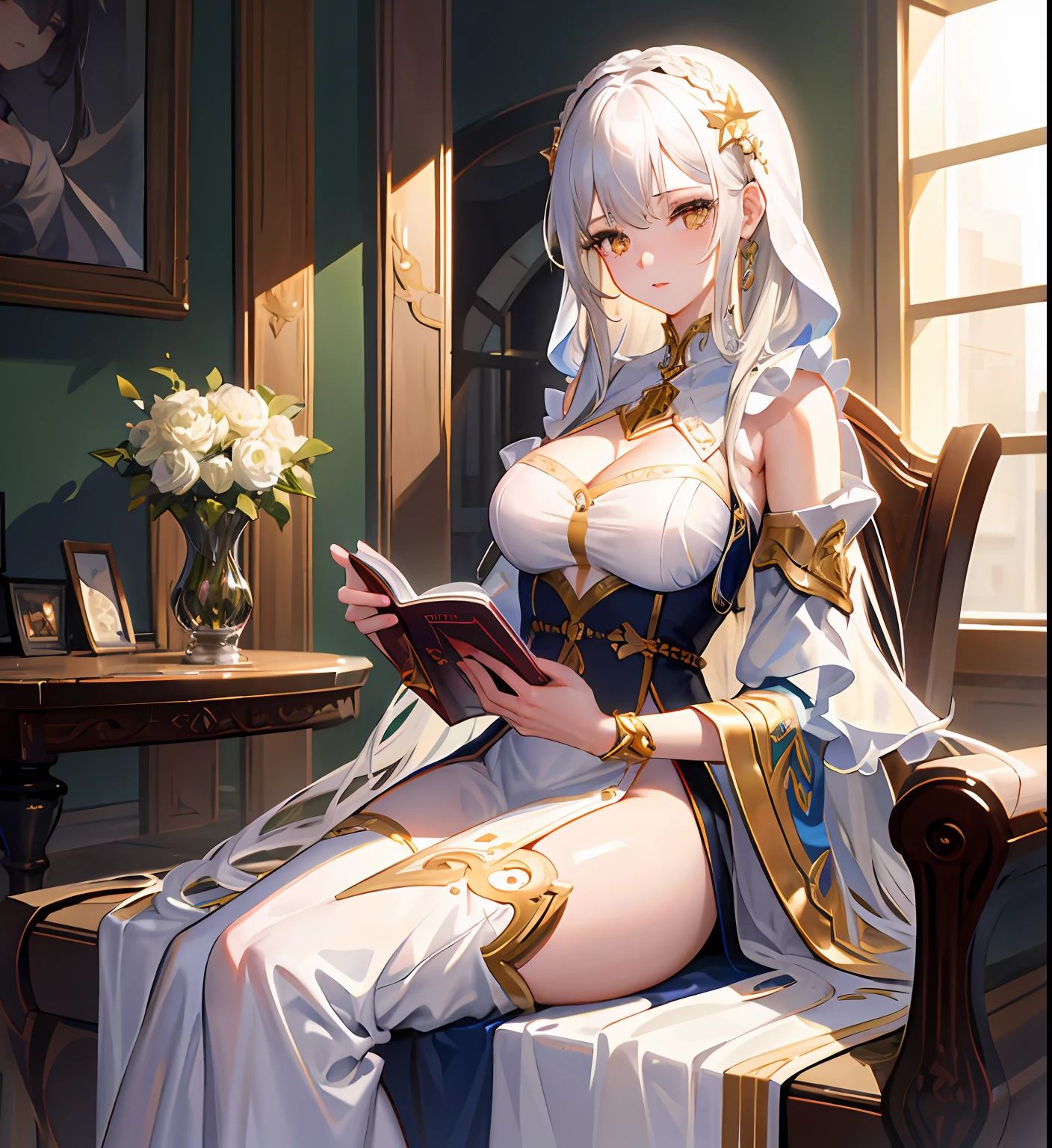 (masterpiece, best quality, extremely detailed CG, beautiful detailed eyes, ultra-detailed, intricate details:1.2), 8k wallpaper, elaborate features,
(1 girl, solo:1.4),  long white hair(long braids) Long bangs past the eyes , saintess, pretty face, expressionless face, white dress with split slits, gold jewelry, golden eyes, delicate, big breasts, thigh belt,Sitting posture cross-legged,Holding a book to read,big golden eyes