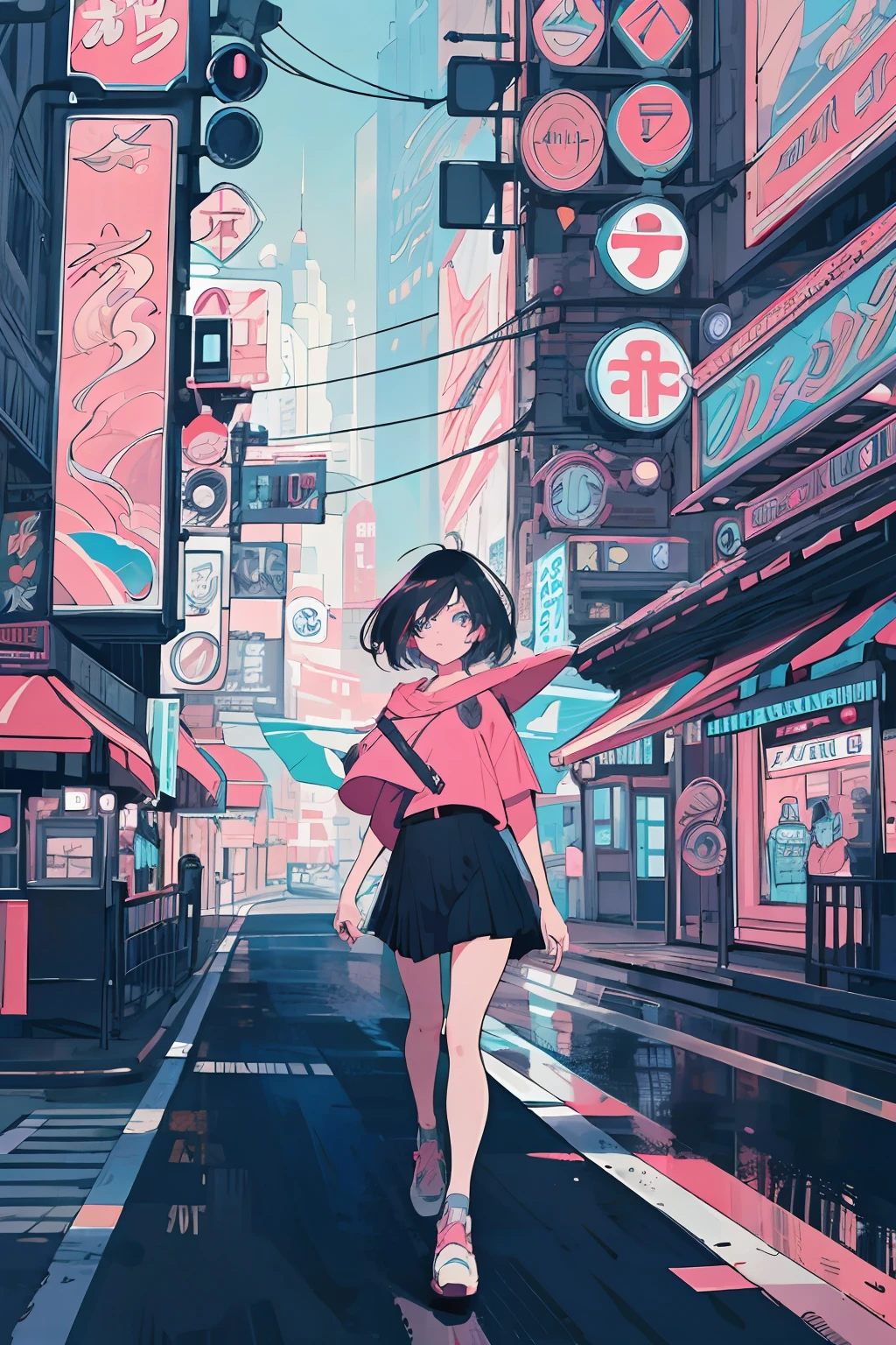 best quality, 4K wallpaper, masterpiece, extremely detailed CG unity 8k wallpaper, extremely detailed eyes, ultra-detailed, intricate details, 1girl, retro art style, neon_pop art style, public, outdoors, road sign, city,