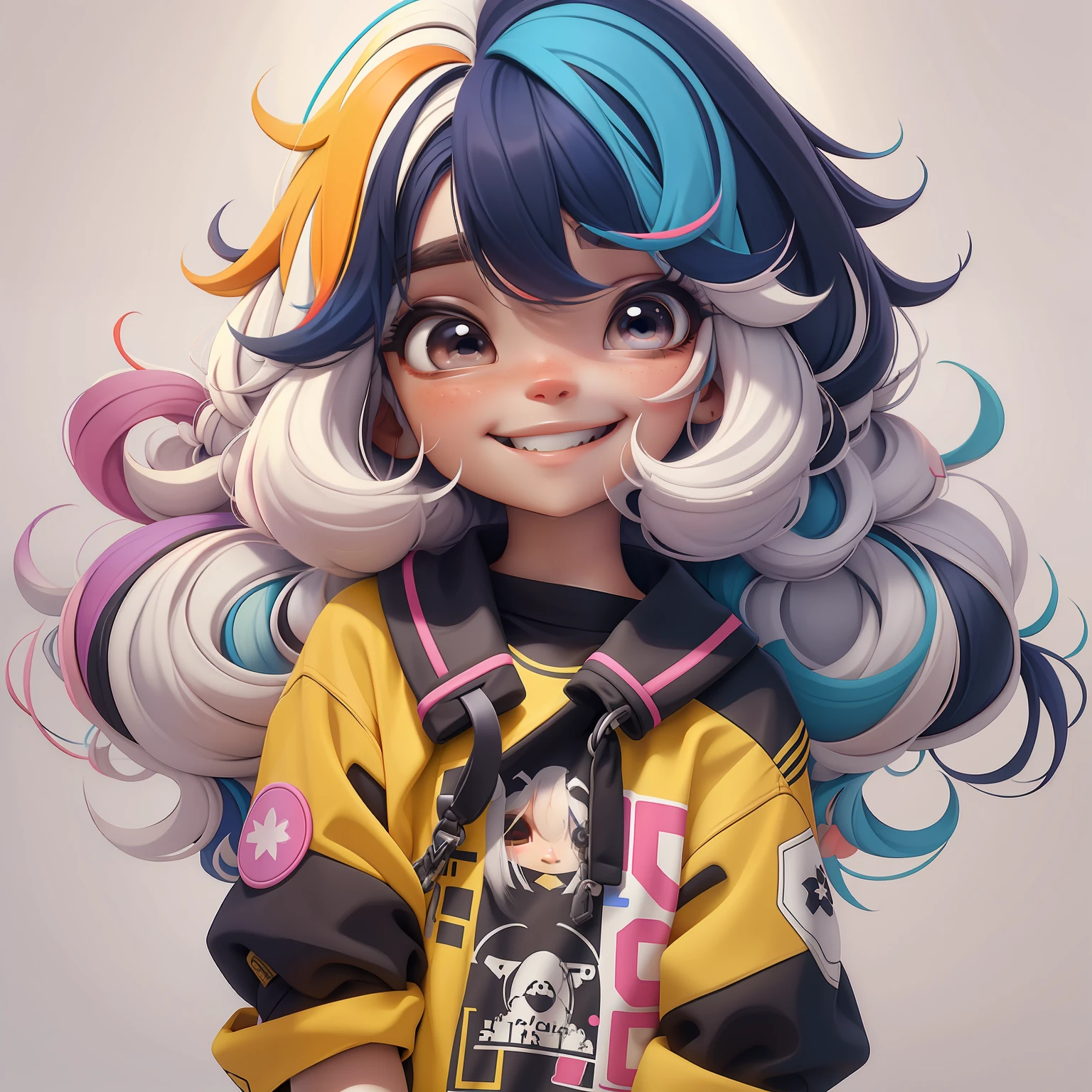 Loli girl, cabelo multicolorido estilo de cabelo, multicolorido, sorriso e olhos delicados, moletom, fundo simples, Melhor Qualidade