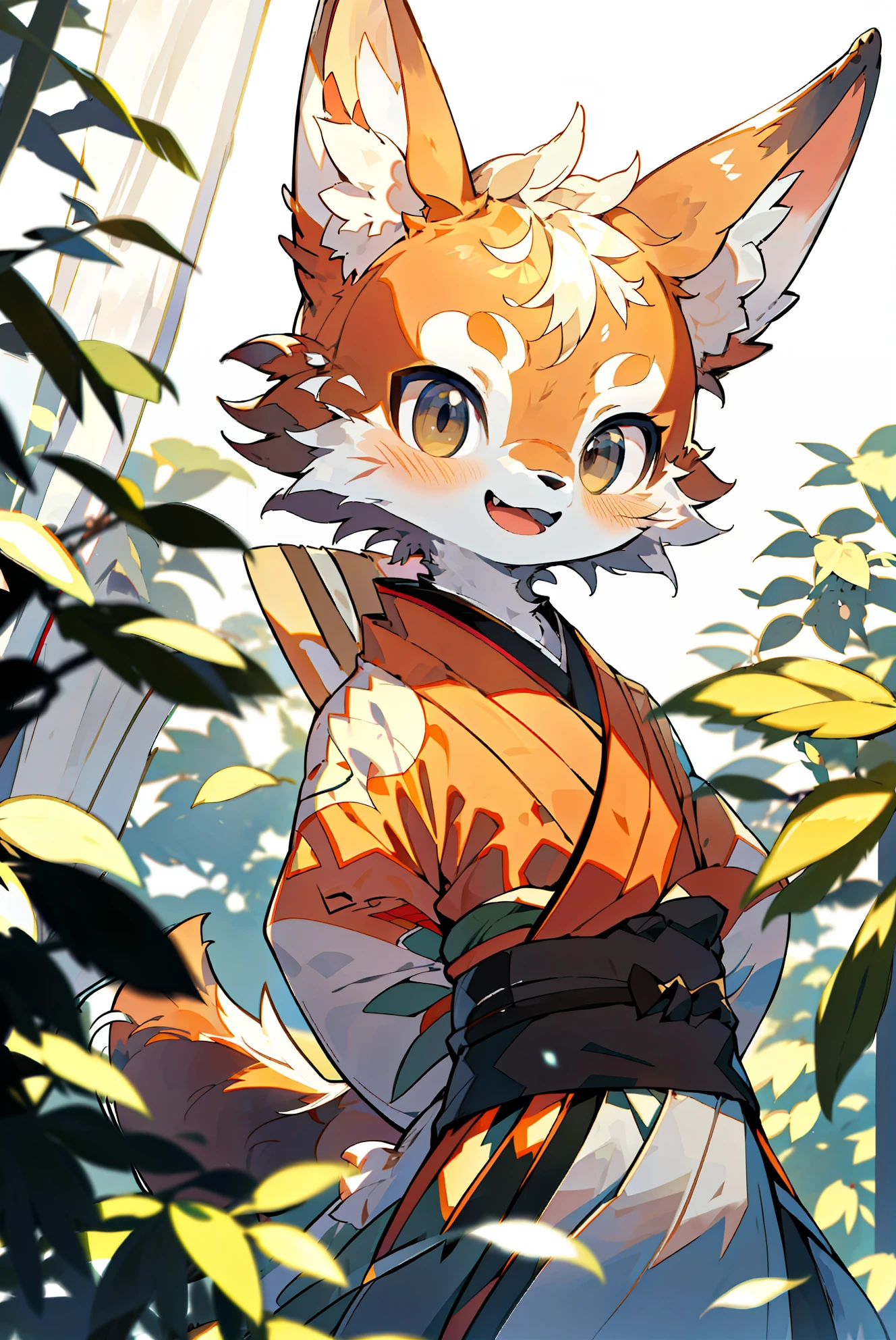 depth of field, perfect lighting, light particles,(best quality),(masterpiece),(ultra detailed),sharp focus,light particles,  niji, eyesgod,  blush, brown_eyes, looking_at_viewer, smile, solo, furry, animal_ear_fluff, open_clothes, arms behind back, upper body, tail, kimono, japanese clothes, sunlight, tree, open mouth,  from below, arms behind back,