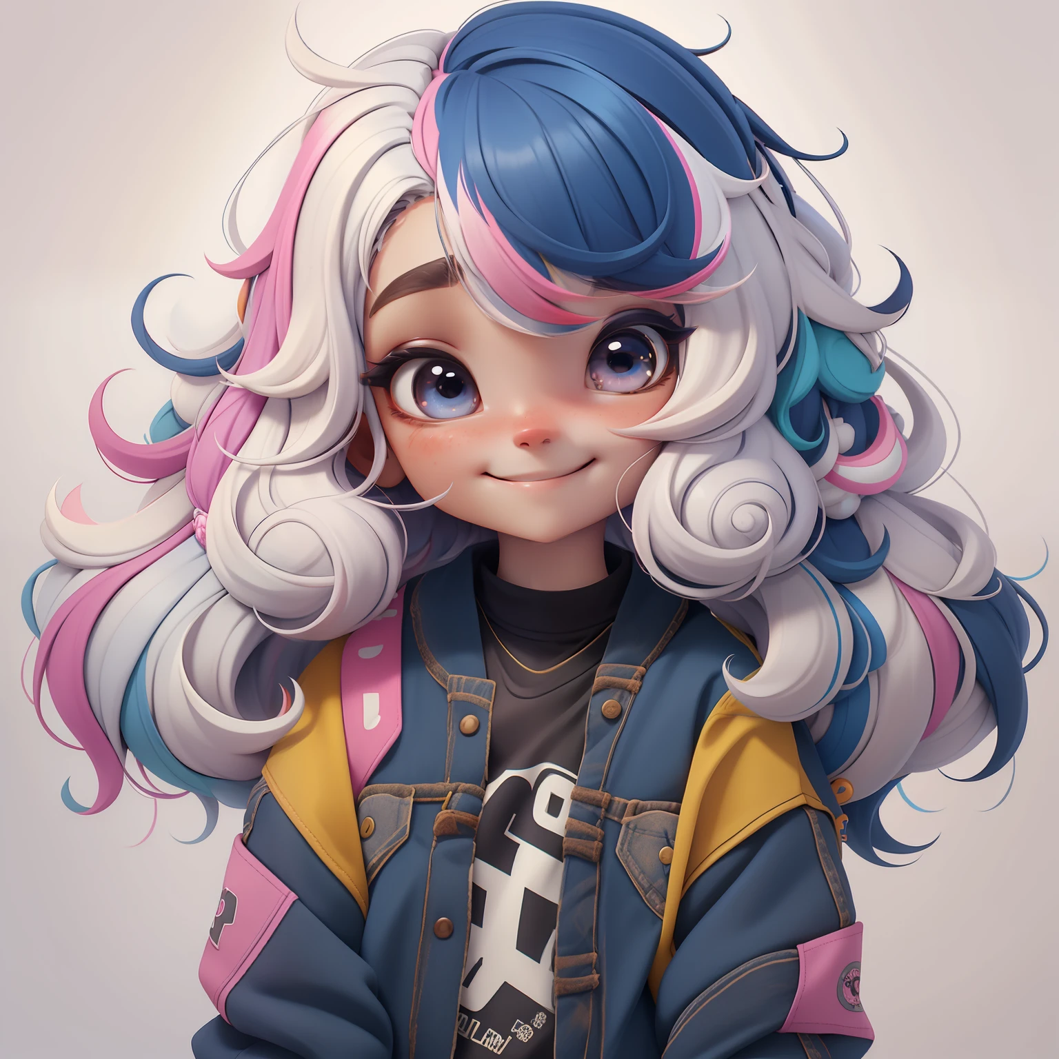  girl, cabelo multicolorido estilo de cabelo, multicolorido, sorriso e olhos delicados, moletom, fundo simples, Melhor Qualidade