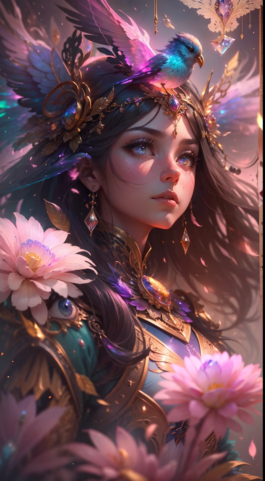(((masterpiece))), (((best quality))), ((ultra-detailed)),(highly detailed CG illustration), ((an extremely delicate and beautiful)),cinematic light, Create a stunning fantasy artwork that mimics the style of currently trending masters of the genre. The art piece should contain elements of both mythic fantasy and fairytale fantasy with colorful accents. ((Utilize various shades of pink and watercolor pastels as the main color scheme.)) The character in the artwork is a delicate but strong petite figure with an aura of mystery and magic. Pay close attention to intricate facial features, such as mesmerizing eyes with vibrant colors and bold shading. The character's clothing should be designed with gossamer feathers, silk, stunning embroidery, and subtle iridescent details. Incorporate dreamy colors, dynamic lighting, and detailed background elements to create a sense of awe and immersion. Include colorful flying magical birds and jewel-toned butterflies radiating a magical aura. Consider the latest trends in fantasy art, such as incorporating unique lighting effects, exploring dynamic and compelling composition techniques, and experimenting with unique color palettes. Take inspiration from the top artists on ArtStation and Midjourney. Camera: Choose an angle that highlights the character's beauty and enhances the magical majesty of the artwork. Lighting: Utilize atmospheric lighting techniques to create depth and mood. Resolution: Aim for a high-resolution artwork to showcase intricate details and clarity. Art Inspirations: Seek inspiration from the trending artists on ArtStation, exploring different styles, genres, and themes.