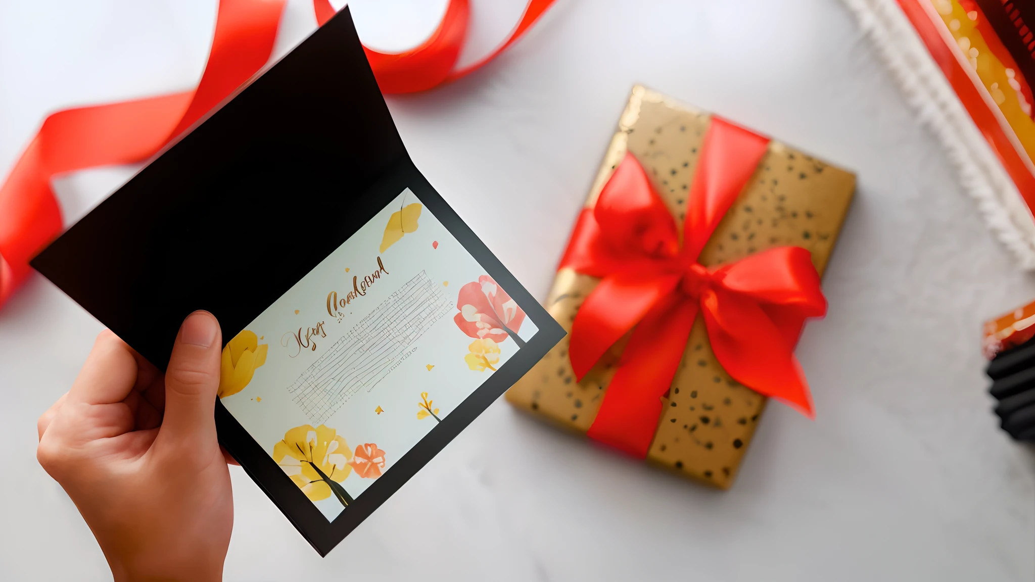 someone holding a card with a red ribbon and a gift, feriado, giving gifts to people, holiday season, print ready, segurando presente, um tiro largo e cheio, Presentes, Foto completa do produto, aconchegante, muito premiado - vencedor, Directed by: Maksimilijan Vanka, card, card, foto mid shot, cena detalhada, Apresenta, assunto completo mostrado na foto