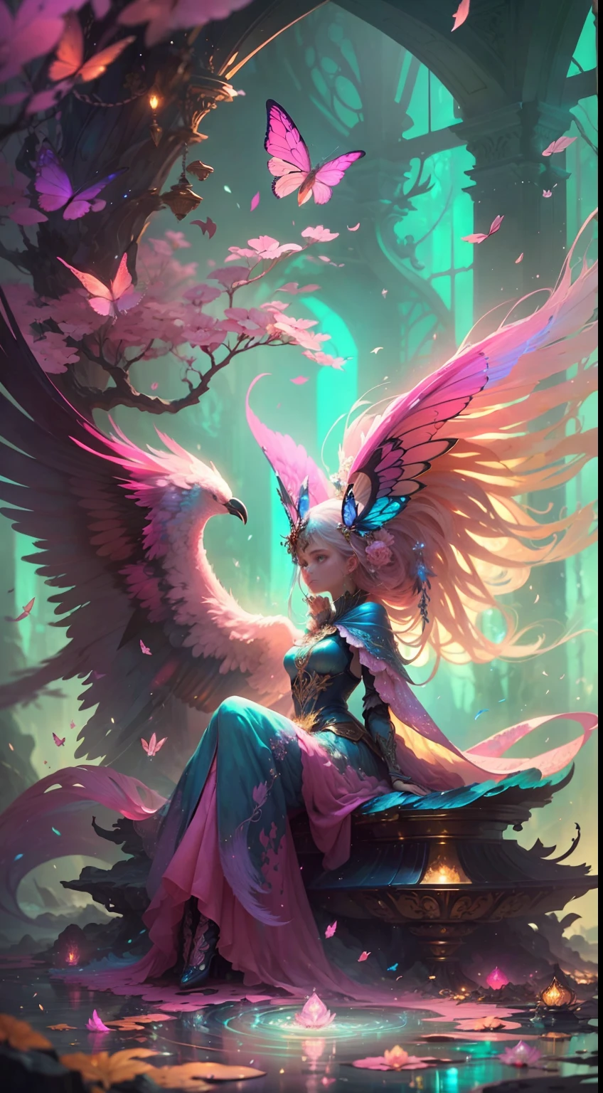 (((masterpiece))), (((best quality))), ((ultra-detailed)),(highly detailed CG illustration), ((an extremely delicate and beautiful)),cinematic light, Create a stunning fantasy artwork that mimics the style of currently trending masters of the genre. The art piece should contain elements of both mythic fantasy and fairytale fantasy with colorful accents. ((Utilize various shades of pink and watercolor pastels as the main color scheme.)) The character in the artwork is a delicate but strong petite figure with an aura of mystery and magic. Pay close attention to intricate facial features, such as mesmerizing eyes with vibrant colors and bold shading. The character's clothing should be designed with gossamer feathers, silk, stunning embroidery, and subtle iridescent details. Incorporate dreamy colors, dynamic lighting, and detailed background elements to create a sense of awe and immersion. Include colorful flying magical birds and jewel-toned butterflies radiating a magical aura. Consider the latest trends in fantasy art, such as incorporating unique lighting effects, exploring dynamic and compelling composition techniques, and experimenting with unique color palettes. Take inspiration from the top artists on ArtStation and Midjourney. Camera: Choose an angle that highlights the character's beauty and enhances the magical majesty of the artwork. Lighting: Utilize atmospheric lighting techniques to create depth and mood. Resolution: Aim for a high-resolution artwork to showcase intricate details and clarity. Art Inspirations: Seek inspiration from the trending artists on ArtStation, exploring different styles, genres, and themes.