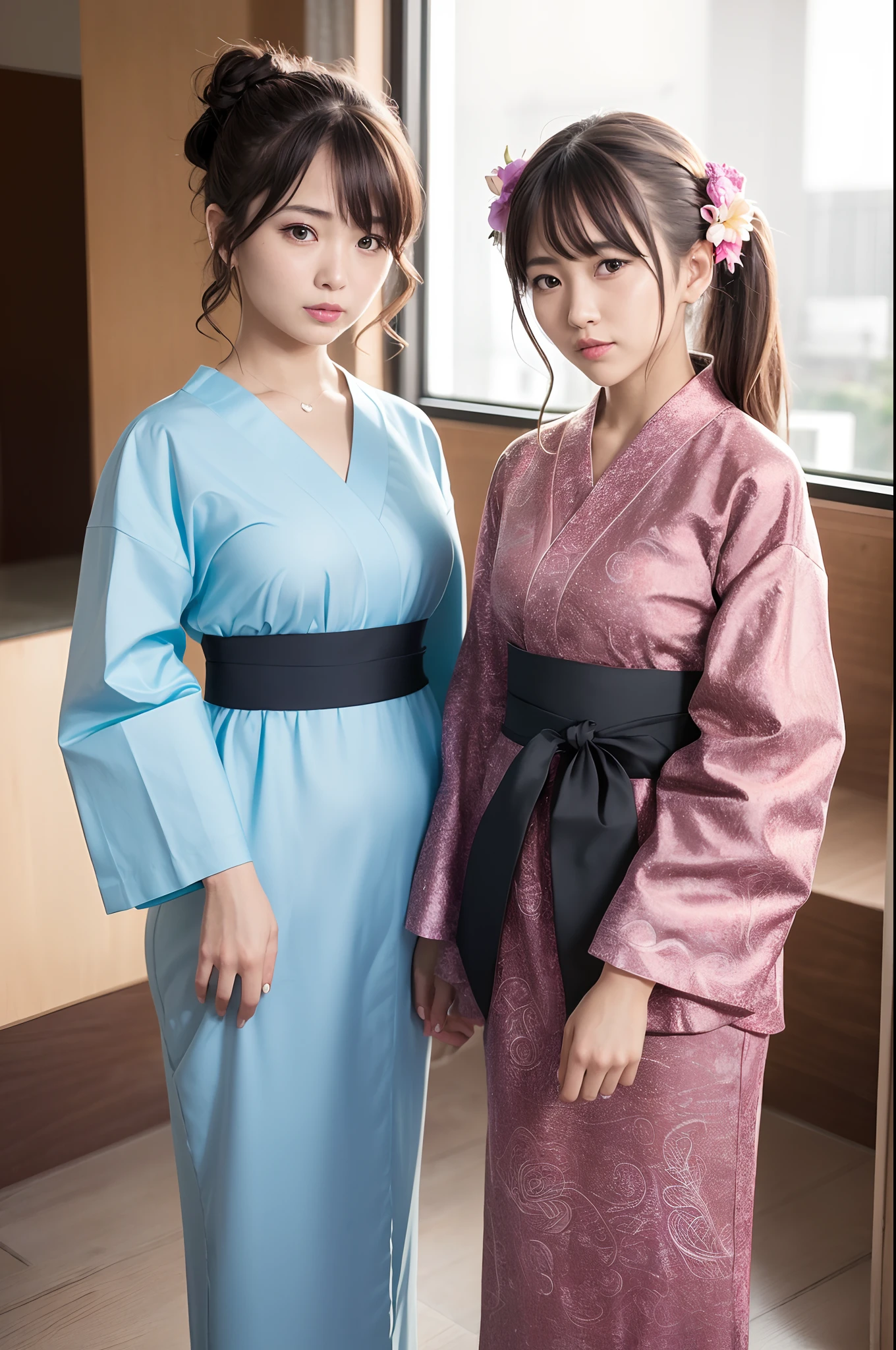 ((two girls,duo,Filigree Ribbon, Details First, Painted Rendering)), Multi-layer drawing, Imperial Kimono, Blooming of Flowers, Highlight Display, (Araffe, Sakimi Zen, Shiori Teyogi, Shiki, Shiki, Mishinyo, Harumi, Shiki, Hatta Hana) Wearing multicolored yukata together, presenting anthropomorphic features.