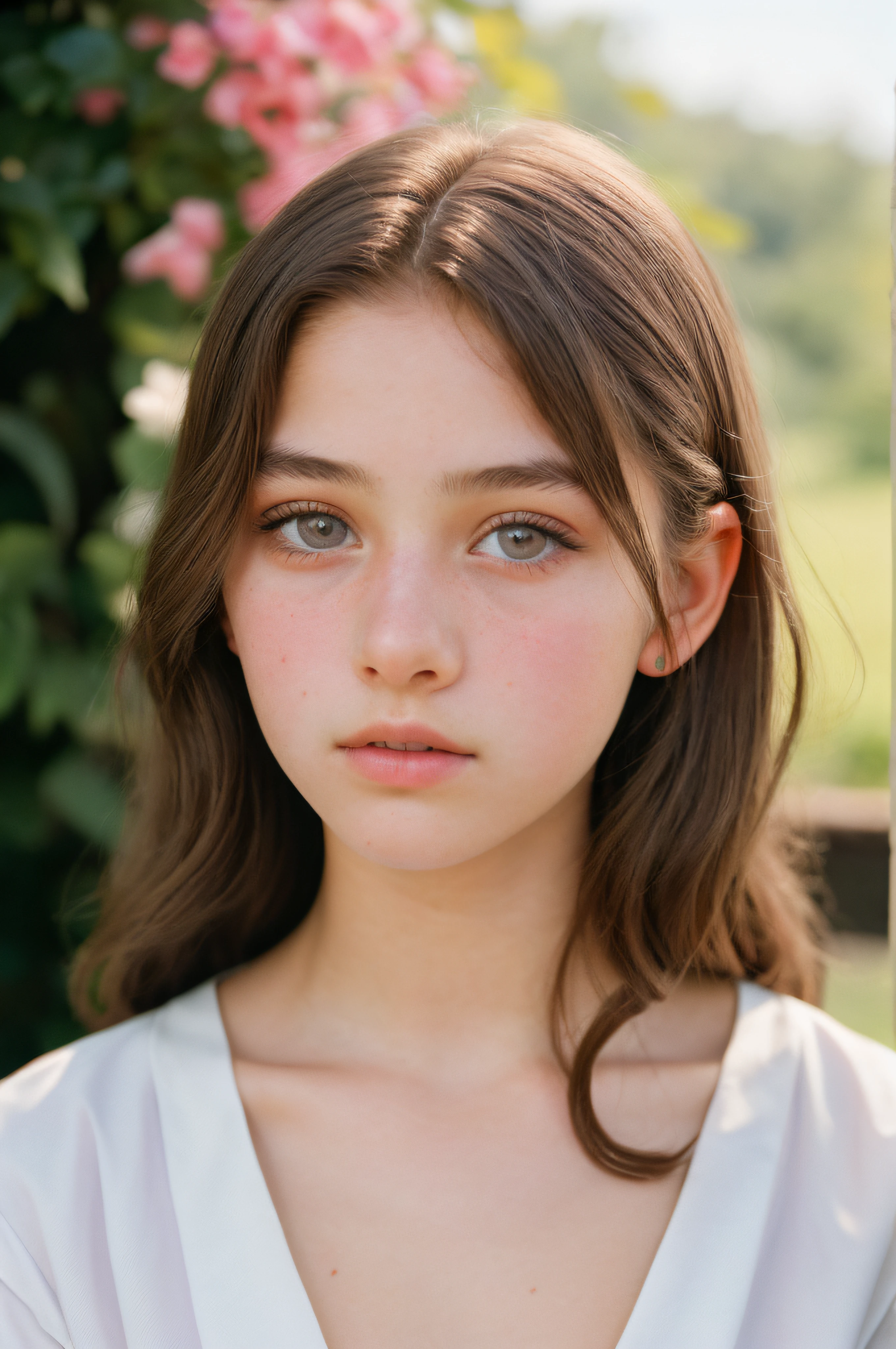 (a closeup of a, Editorial photo of a 15-year-old beautiful girl in a poor ((white work dress)) z ((Brown)) фартухом), (Serious:0.5) (Highly detailed face:1.4), ass pov, Nikon D850, film stock photograph ,4 Kodak Portra 400 ,camera f1.6 lens ,saturated colors ,hyper realistic ,lifelike texture, dramatic  lighting , Cinestill 800, in a village, violet eyes, morena, 19th-century Victorian style