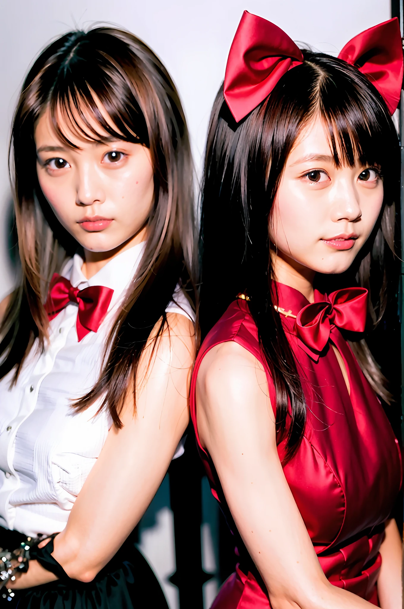 (((two chinese girls,duo,big eyes,raw photograph,best quality,masterpiece))),antique red bow tie on white background closeup, thick bow, bow tie, bow tie, decorative bow, hair bow, large ribbon, pink hair tie, chestnut red, bow tie, red bow in hair, red bow in hair, ribbon, crimson, wide ribbon, bow tie, satin, red scarf, silk, bow tie