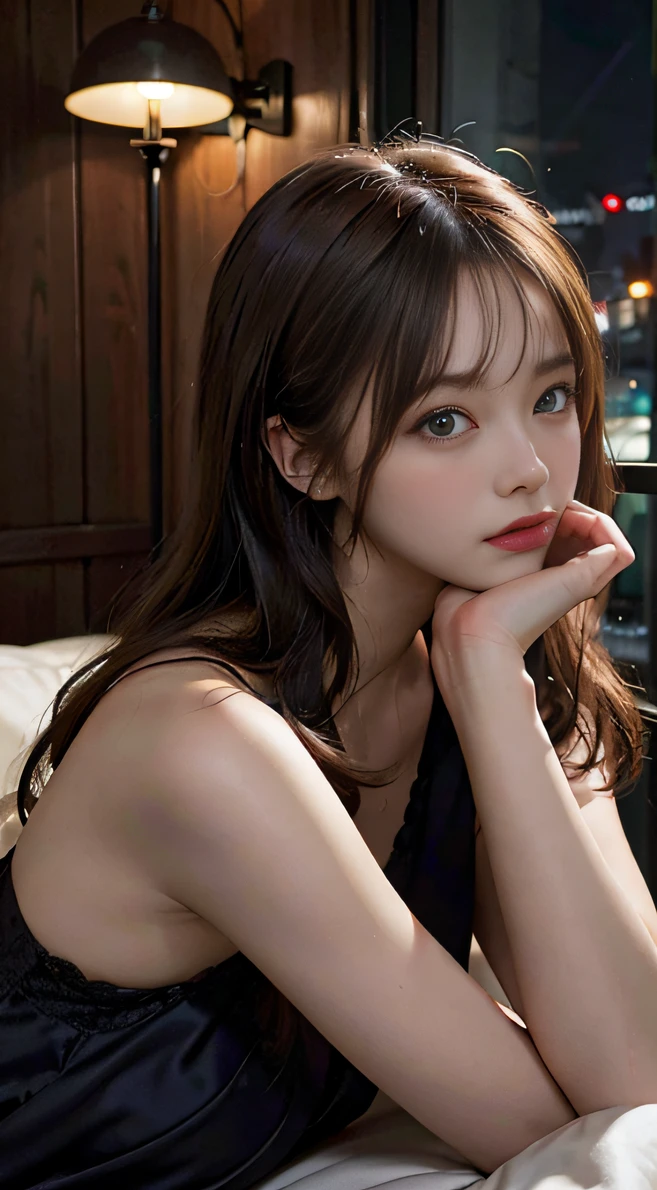 One 35-year-old woman,Side view,Midnight,Attic at night,Relax on the sofa,Leaning back,pajamas,Candles in the corner of the room,Looking away,Dynamic lighting,open forehead,Beautiful hair,Perfect face,((drooing eyes)),Beautiful,Perfect hands,masutepiece,Best Quality,8K,ultla highres,Hyper Detailed,foreshortening,
