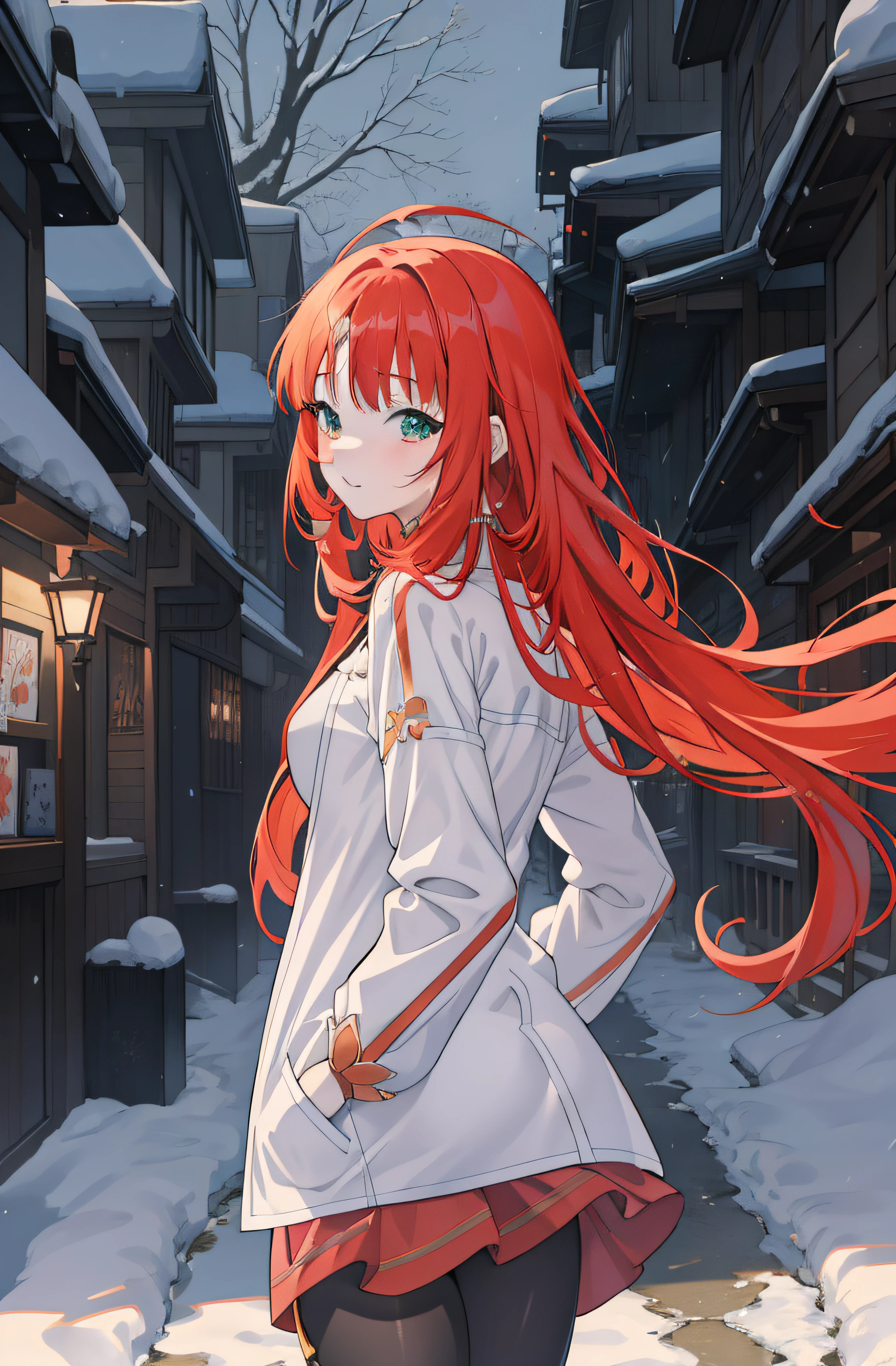 ((detailed face)) ((masterpiece, best quality)) anime girl with long bright crimson red hair walking down a snowy street, anime style 4 k, best anime 4k konachan wallpaper, anime art wallpaper 8 k, anime wallpaper 4k, anime wallpaper 4 k, anime art wallpaper 4 k, anime art wallpaper 4k, 4k anime wallpaper, anime visual of a cute girl, 4 k manga wallpaper, nilou(GenshinImpact), Aqua Eye