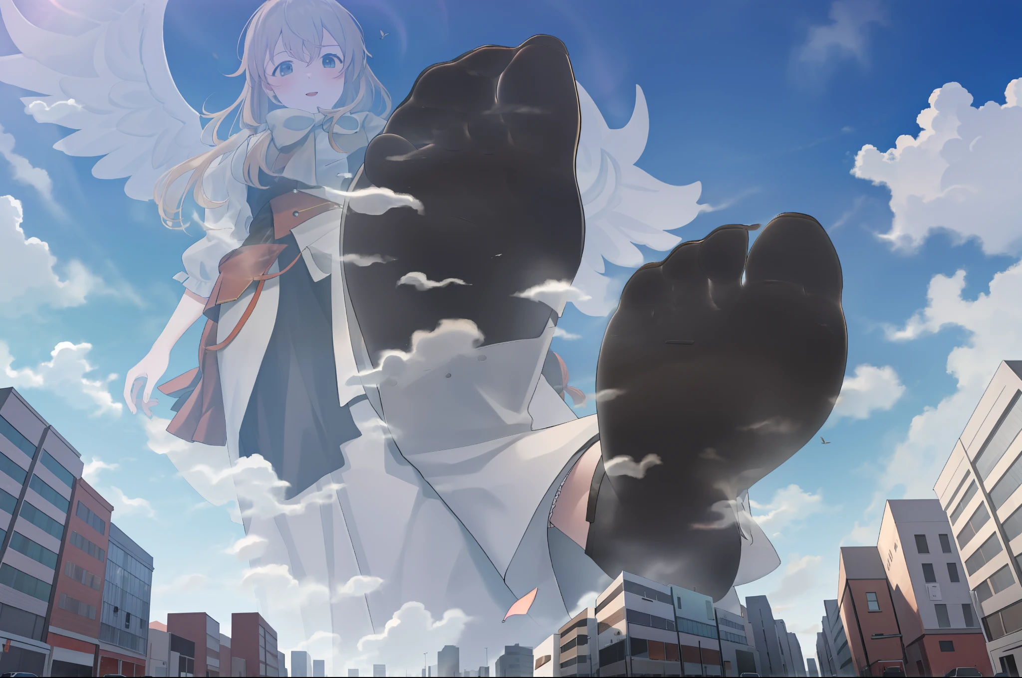 (GTS Giant, urban buildings, smooggy, Clouds fluttering, Soft lighting, Foot details,trod)