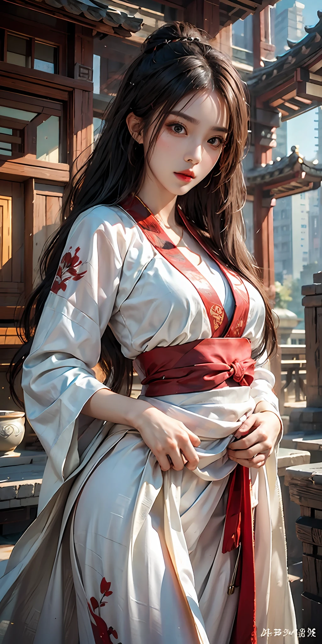 photorealistic, high resolution, soft light,1women, solo, hips up, look at viewer, (detailed face), long hair, Beautiful girl, hanfu, east asian architecture,sheath,architecture, tattoo, jewelry