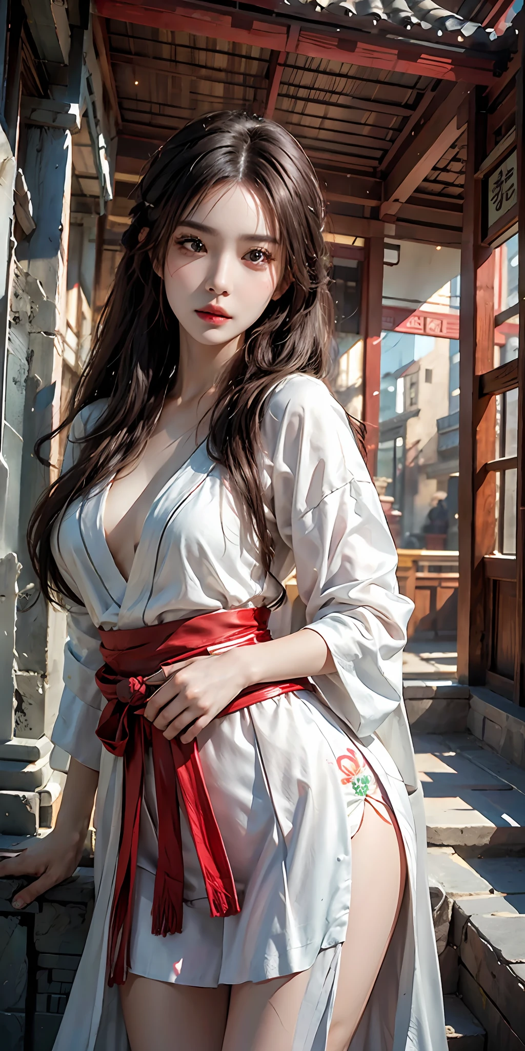 photorealistic, high resolution, soft light,1women, solo, hips up, look at viewer, (detailed face), long hair, Beautiful girl, hanfu, east asian architecture,sheath,architecture, tattoo, jewelry
