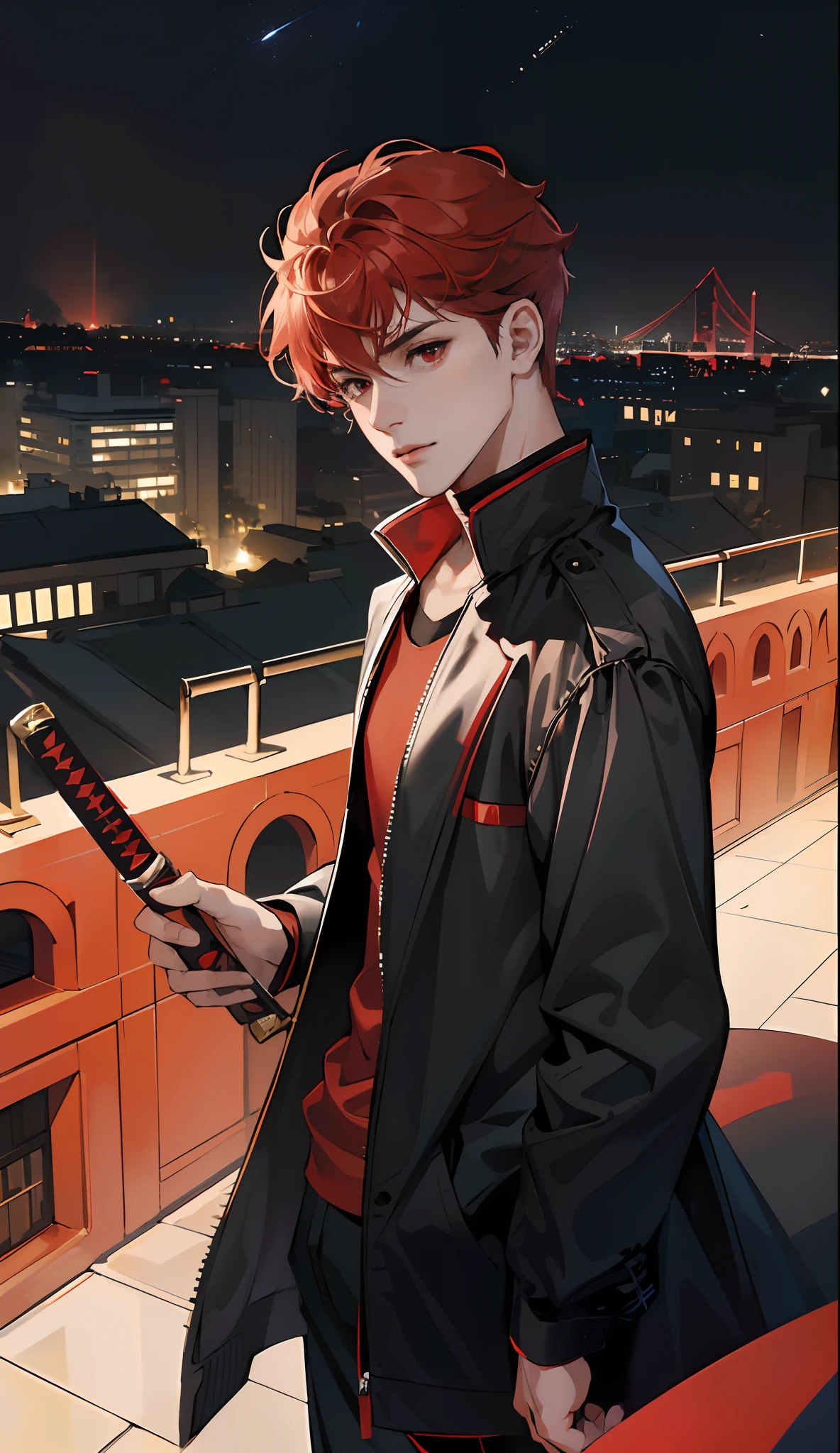 (absurd, high, extremely detailed),((masterpiece)), ((best quality:1.1)), High resolution, 8k, upper body, 1 boy, (snow white hair, hair light curly, layered hair :1.1 ), ( (super short hair, neatly combed)), shaded face, (men's black jacket interspersed with red, loose black t-shirt, men's black jogger pants: 1.1), , (top view 1.1), ((red eyes)), (katana in hand), night city, standing pose, looking at people