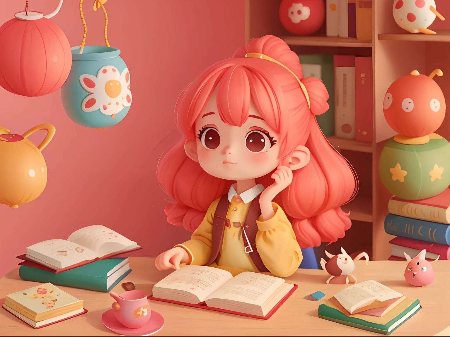 ,Personagem menina, com cabelos longos, lendo um livro, cabelos vermelhos, various positions, sentada