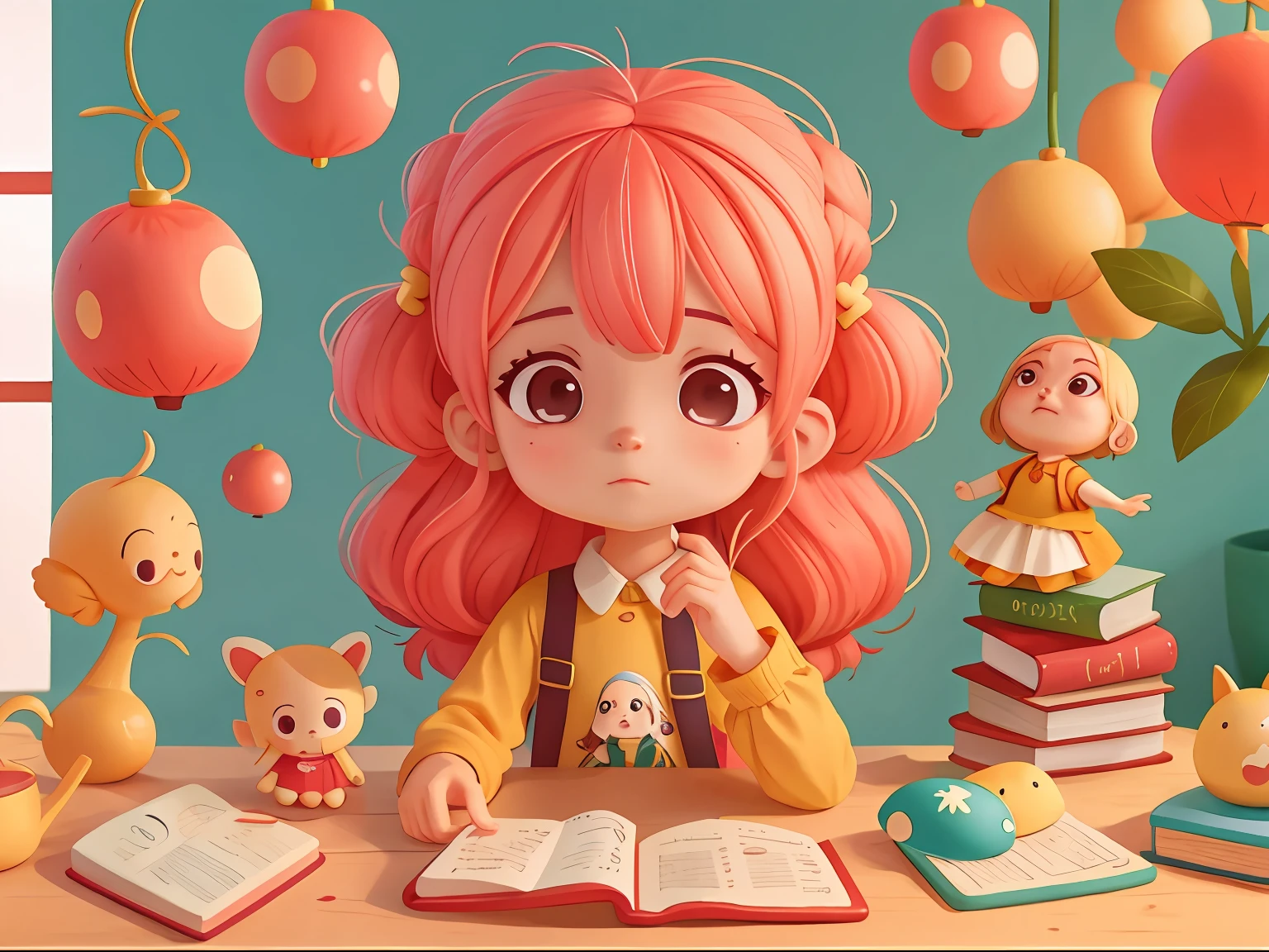 ,Personagem menina, com cabelos longos, lendo um livro, cabelos vermelhos, various positions, sentada