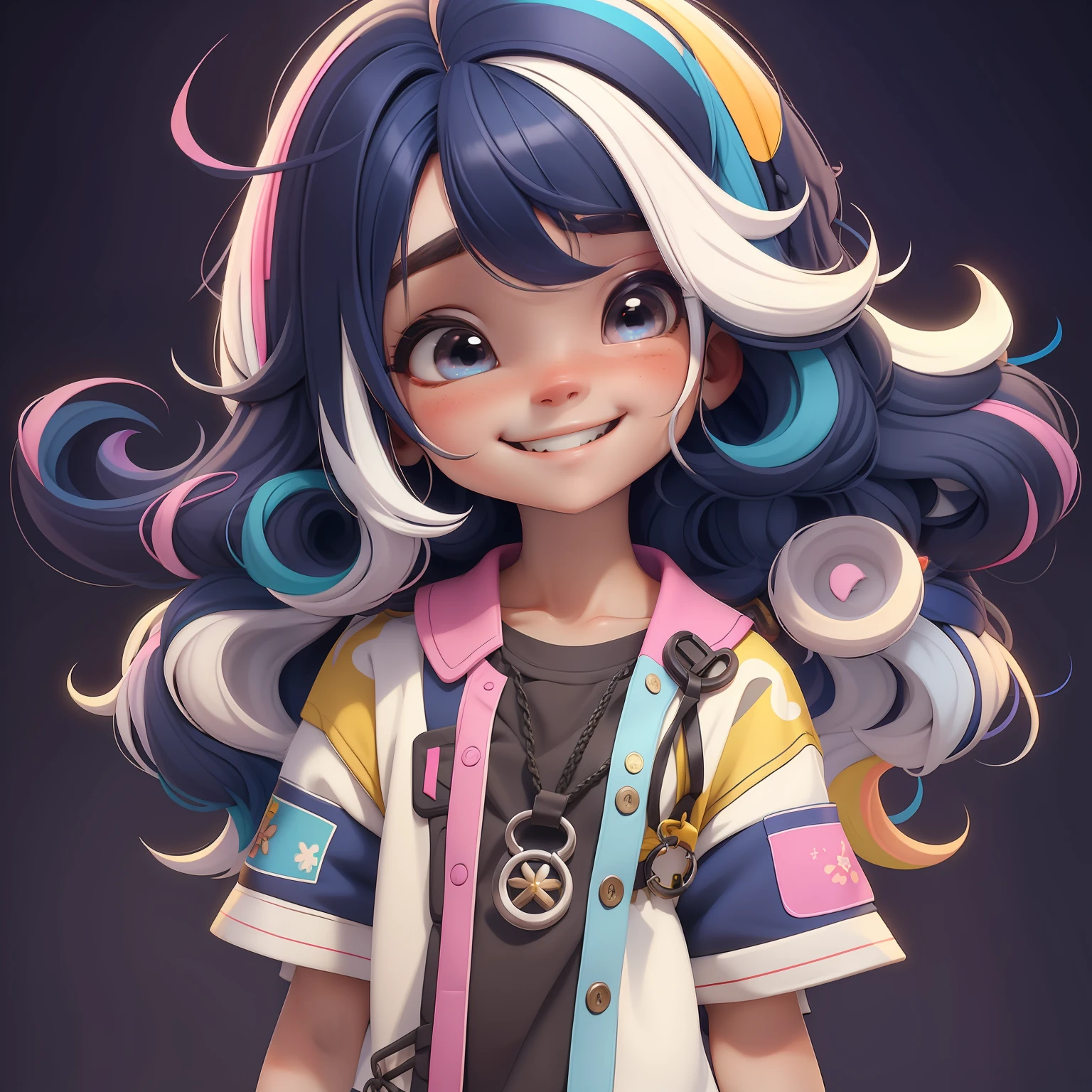 Loli girl, cabelo multicolorido, preso, multicolorido, sorriso e olhos delicados, corpo inteiro, moletom, fundo simples, Melhor Qualidade