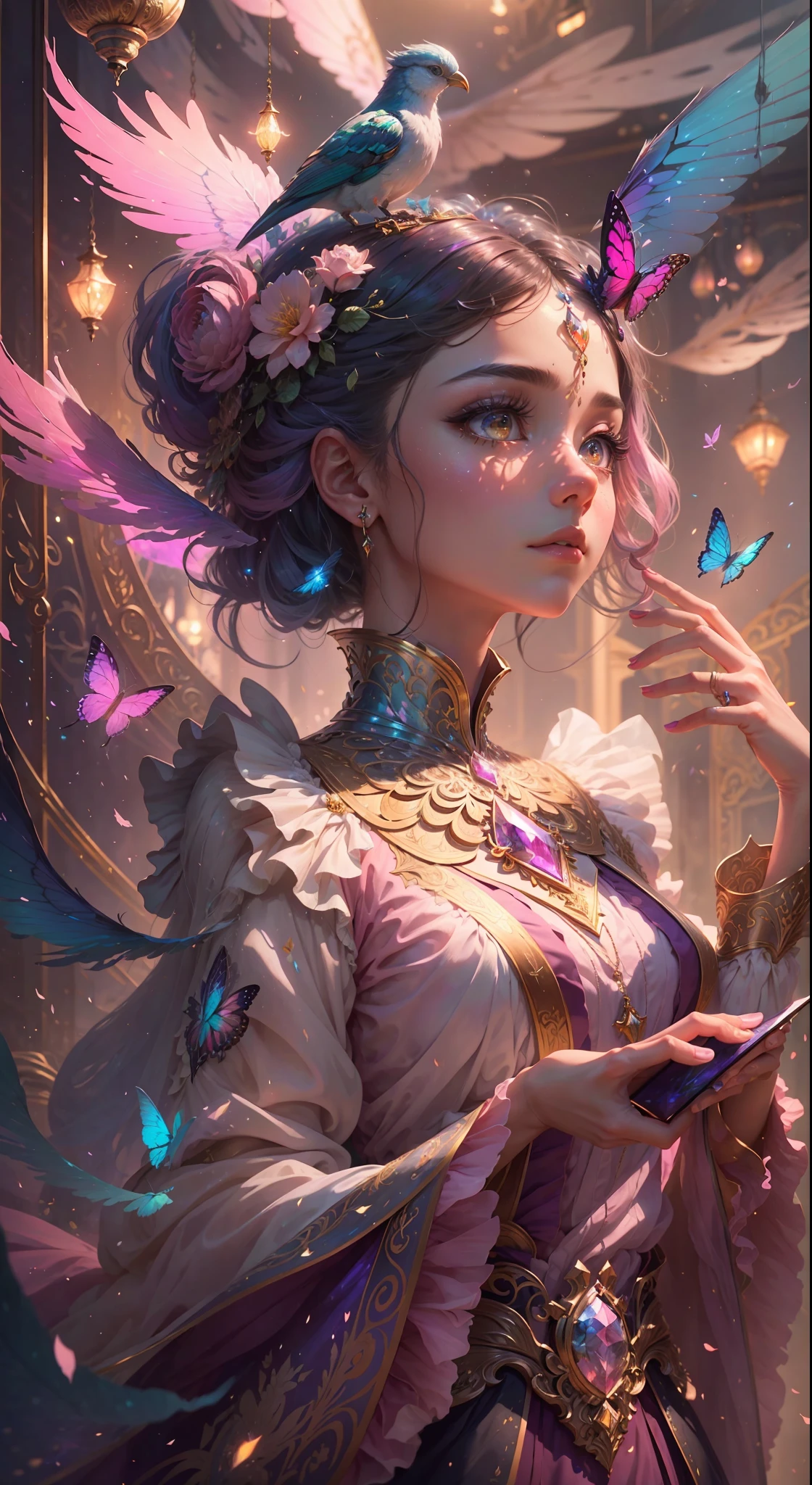 (((masterpiece))), (((best quality))), ((ultra-detailed)),(highly detailed CG illustration), ((an extremely delicate and beautiful)),cinematic light, Create a stunning fantasy artwork that mimics the style of currently trending masters of the genre. The art piece should contain elements of both mythic fantasy and fairytale fantasy with colorful accents. ((Utilize various shades of pink and watercolor pastels as the main color scheme.)) The character in the artwork is a delicate but strong petite figure with an aura of mystery and magic. Pay close attention to intricate facial features, such as mesmerizing eyes with vibrant colors and bold shading. The character's clothing should be designed with gossamer feathers, silk, stunning embroidery, and subtle iridescent details. Incorporate dreamy colors, dynamic lighting, and detailed background elements to create a sense of awe and immersion. Include colorful flying magical birds and jewel-toned butterflies radiating a magical aura. Consider the latest trends in fantasy art, such as incorporating unique lighting effects, exploring dynamic and compelling composition techniques, and experimenting with unique color palettes. Take inspiration from the top artists on ArtStation and Midjourney. Camera: Choose an angle that highlights the character's beauty and enhances the magical majesty of the artwork. Lighting: Utilize atmospheric lighting techniques to create depth and mood. Resolution: Aim for a high-resolution artwork to showcase intricate details and clarity. Art Inspirations: Seek inspiration from the trending artists on ArtStation, exploring different styles, genres, and themes.