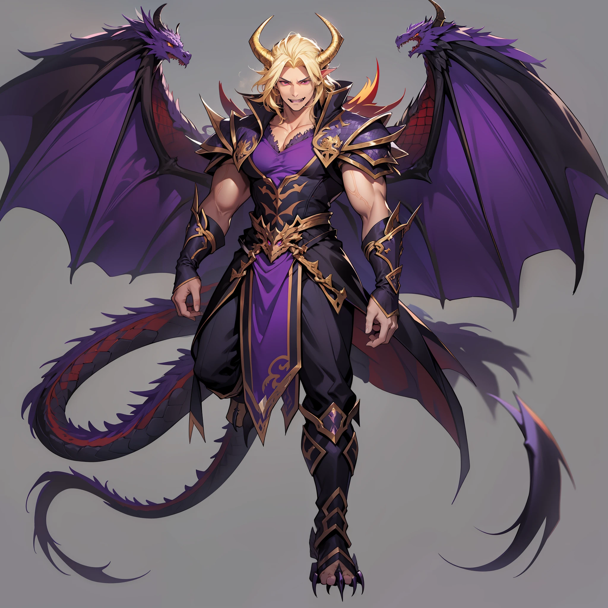 Dragon with black scales and long talons. Horns. Golden eyes. Huge wings. soft eyes. Dragon in human form. Lomg hair. Blonde hair. Red eyes. Roman nose. Fangs. Soft expression. Soft look. Tall muscular male. Purple attire. Purple clothes.