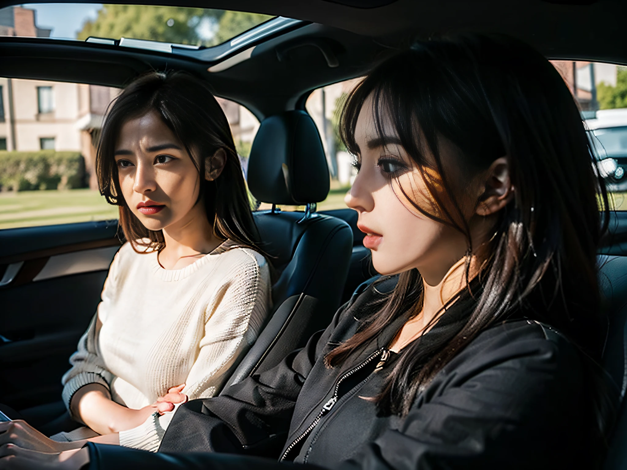 Two women sitting in the car talking,sface focus,Clear facial expressions