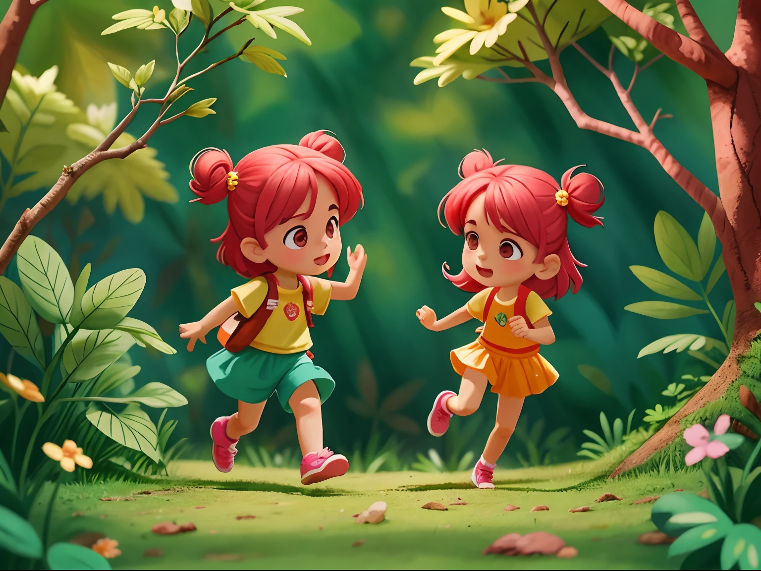 Duas meninas brincando na floresta correndo
