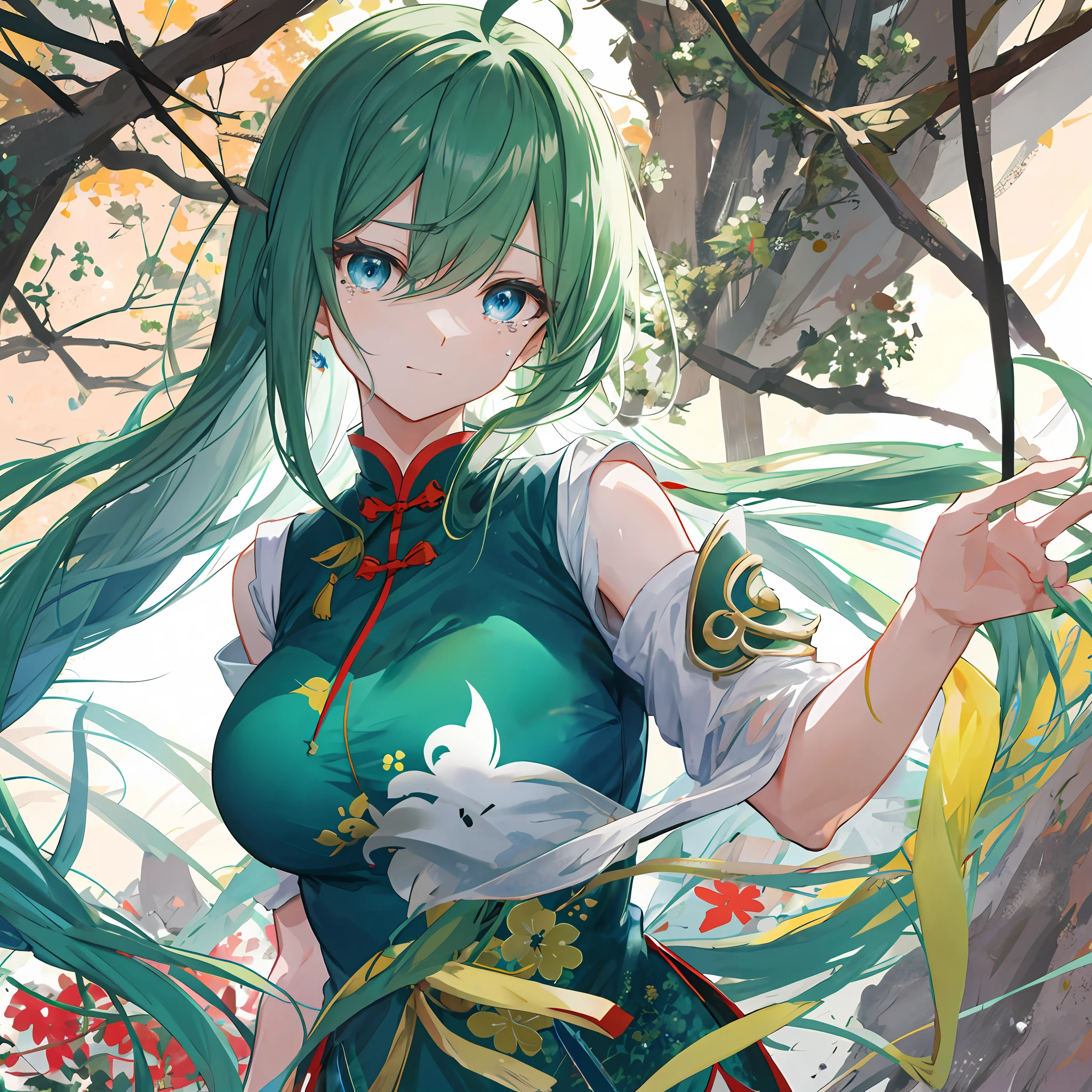 anime big breast，long whitr hair，Dull hair，Dark green hair，eBlue eyes，dual horsetail，the detail，k hd，Works of masters，facial closeups，Shoulder-length hair，individually，detailedeyes, face expressionless, ahoge, The upper part of the body, [Be red in the face] ，Light smile，grieves，disconsolate，streaming tears，Open your eyes and cry，Chinese style cheongsam