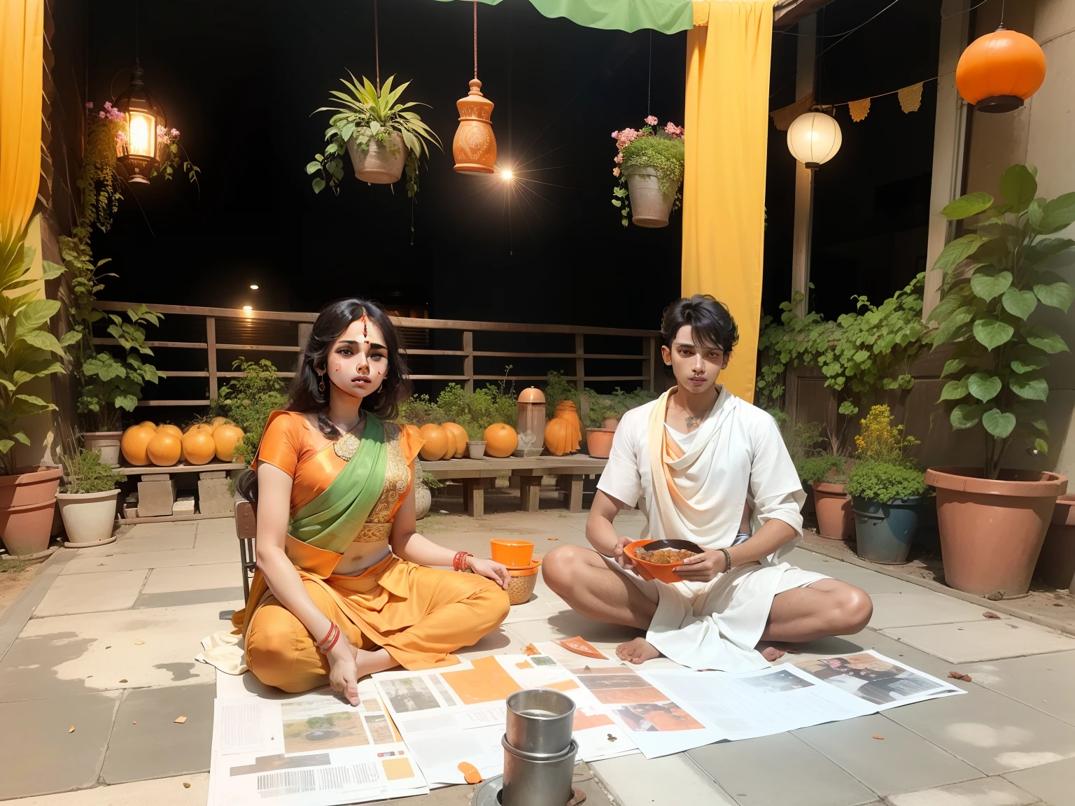 put the girl a saree and the boy a orange cloth like a monk in this image