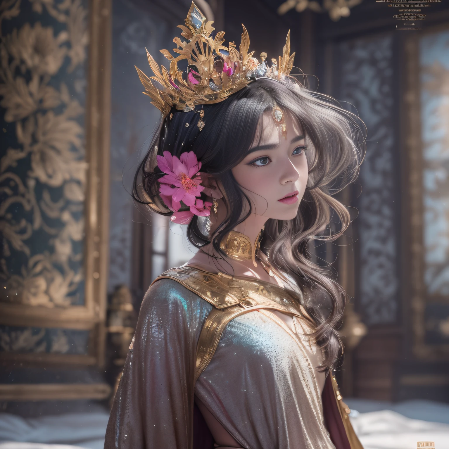 16k(tmasterpiece,k hd,hyper HD,16k)short detailed hair,Gold jewelry area in the back room,Flame Girl ,Dao Lang Protector (realisticlying:1.4),Python pattern robe,Purple-pink tiara,Snowflakes fluttering,The background is pure,Hold your head high,Be proud,The nostrils look at people, A high resolution, the detail, RAW photogr, Sharp Re, Nikon D850 Film Stock Photo by Jefferies Lee 4 Kodak Portra 400 Camera F1.6 shots, Rich colors, ultra-realistic vivid textures, Dramatic lighting, Unreal Engine Art Station Trend, cinestir 800,Hold your head high,Be proud,The nostrils look at people