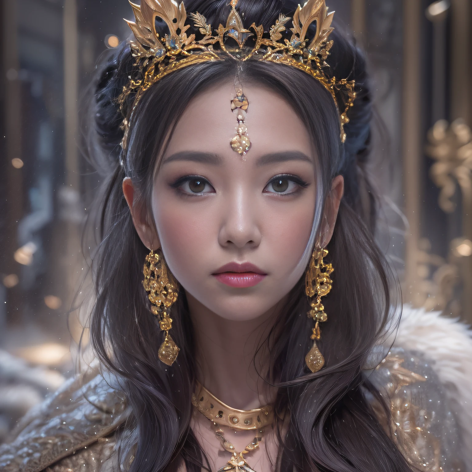 16k(tmasterpiece,k hd,hyper HD,16k)short detailed hair,Gold jewelry area in the back room,Flame Girl ,Dao Lang Protector (realisticlying:1.4),Python pattern robe,Purple-pink tiara,Snowflakes fluttering,The background is pure,Hold your head high,Be proud,The nostrils look at people, A high resolution, the detail, RAW photogr, Sharp Re, Nikon D850 Film Stock Photo by Jefferies Lee 4 Kodak Portra 400 Camera F1.6 shots, Rich colors, ultra-realistic vivid textures, Dramatic lighting, Unreal Engine Art Station Trend, cinestir 800,Hold your head high,Be proud,The nostrils look at people