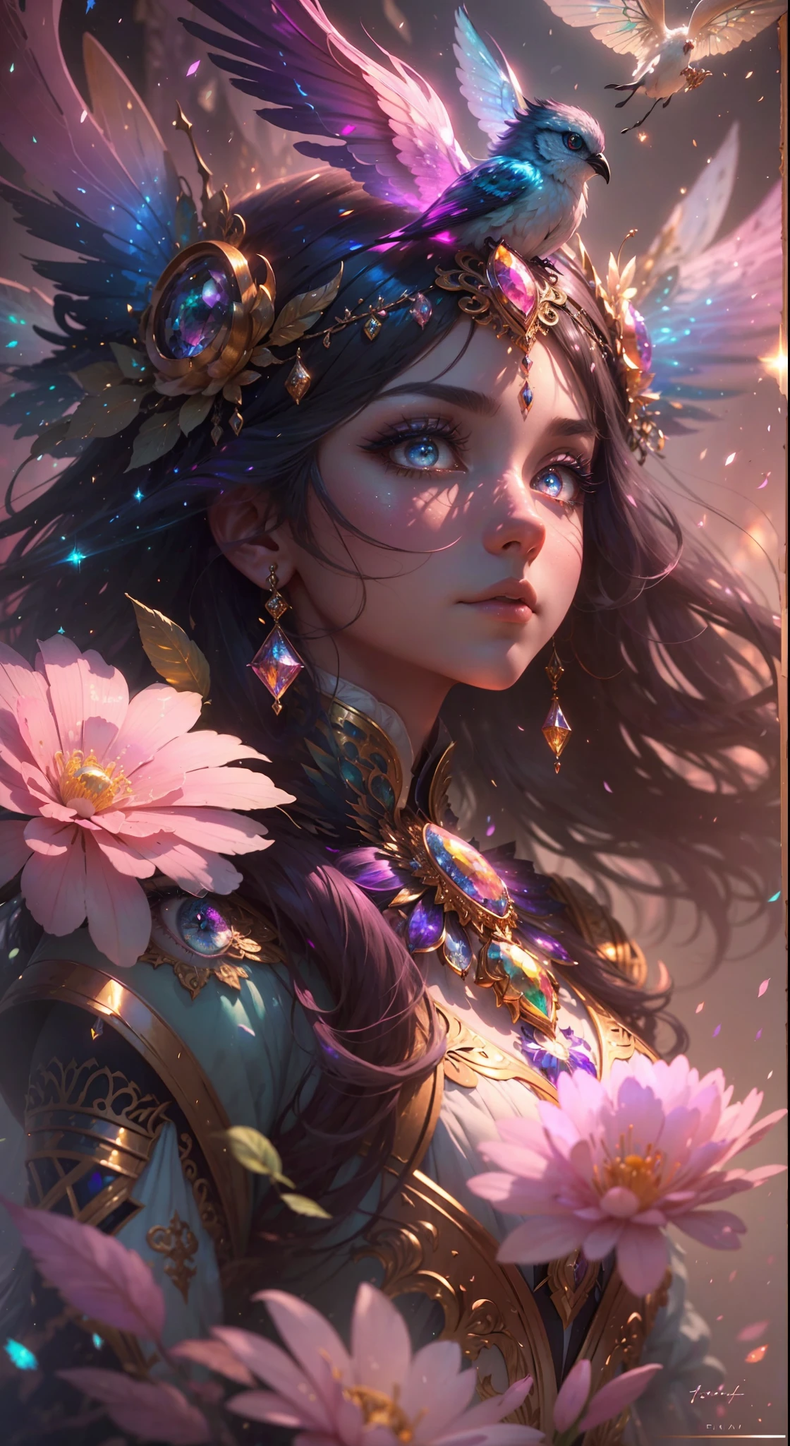(((masterpiece))), (((best quality))), ((ultra-detailed)),(highly detailed CG illustration), ((an extremely delicate and beautiful)),cinematic light, Create a stunning fantasy artwork that mimics the style of currently trending masters of the genre. The art piece should contain elements of both mythic fantasy and fairytale fantasy with colorful accents. ((Utilize various shades of pink and watercolor pastels as the main color scheme.)) The character in the artwork is a delicate but strong petite figure with an aura of mystery and magic. Pay close attention to intricate facial features, such as ((((mesmerizing eyes with vibrant colors and bold shading.)))) The character's clothing should be designed with gossamer feathers, silk, stunning embroidery, and subtle iridescent details. Incorporate dreamy colors, dynamic lighting, and detailed background elements to create a sense of awe and immersion. Include colorful flying magical birds and jewel-toned butterflies radiating a magical aura. Consider the latest trends in fantasy art, such as incorporating unique lighting effects, exploring dynamic and compelling composition techniques, and experimenting with unique color palettes. Take inspiration from the top artists on ArtStation and Midjourney. Camera: Choose an angle that highlights the character's beauty and enhances the magical majesty of the artwork. Lighting: Utilize atmospheric lighting techniques to create depth and mood. Resolution: Aim for a high-resolution artwork to showcase intricate details and clarity. Art Inspirations: Seek inspiration from the trending artists on ArtStation, exploring different styles, genres, and themes.