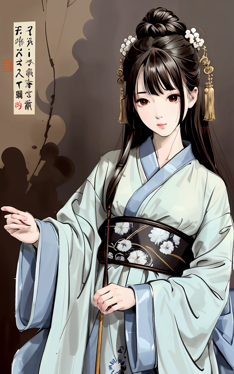 shukezouma, Negative space, shuimobysim, Portrait of a woman standing, Willow branches, Masterpiece, Best quality:1.2, Tradition Chinese Ink Painting, ModelShoot style, Smile, Chinese feudal mythology,Chinese horror。